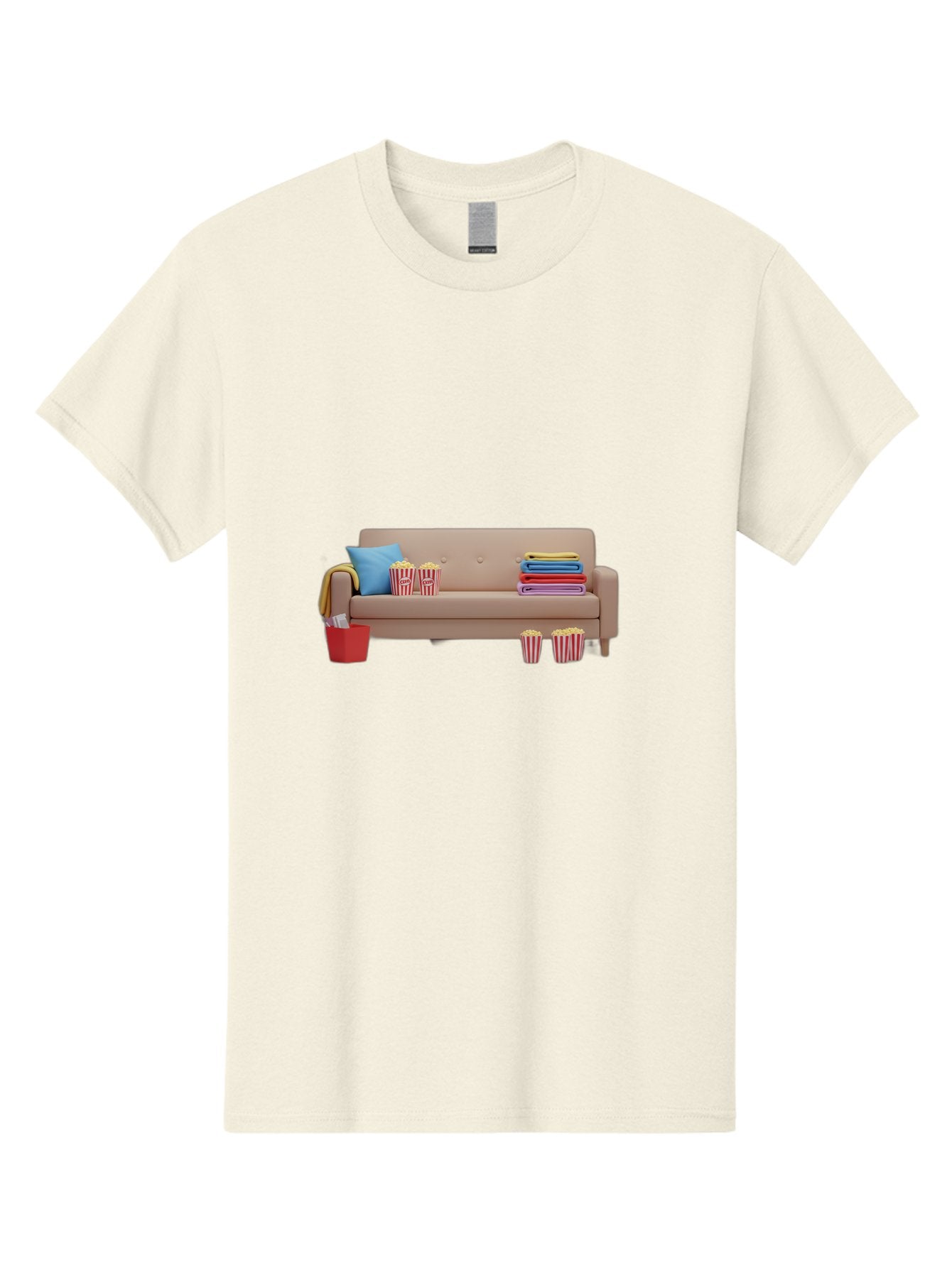 Couch-With-Popcorn Men'S Graphic Tee, 100% Cotton, Comfortable Casual Summer Wear, Machine Washable, Movie Night Setup, Cozy Home Decor, Comfortable Seating, Snacks, Popcorn Buckets, Blankets, Cozy Atmosphere, Living Room, Relaxation, Bab821