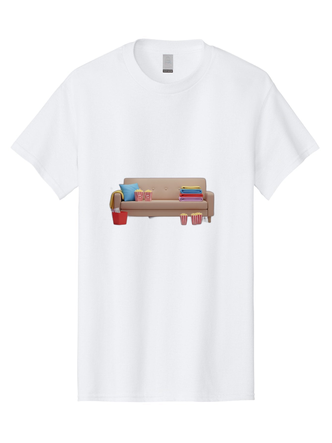 Couch-With-Popcorn Men'S Graphic Tee, 100% Cotton, Comfortable Casual Summer Wear, Machine Washable, Movie Night Setup, Cozy Home Decor, Comfortable Seating, Snacks, Popcorn Buckets, Blankets, Cozy Atmosphere, Living Room, Relaxation, Bab821 10