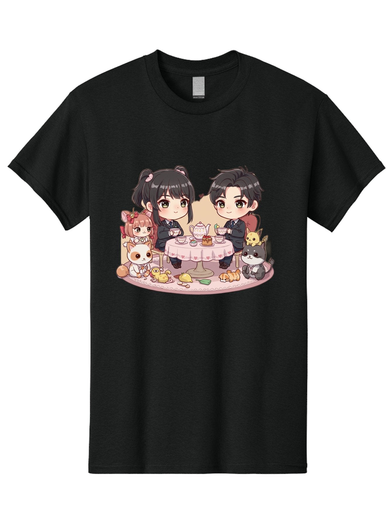 Couple-Having-Tea Men'S Graphic Tee, 100% Cotton, Comfortable Casual Summer Wear, Machine Washable, Couple Having Tea, Cartoon Characters, Anime Style, Tea Party, Adorable Animals, Heartwarming Scene, Tea Cups, Teapot, Sweet Treats, Bab822 9