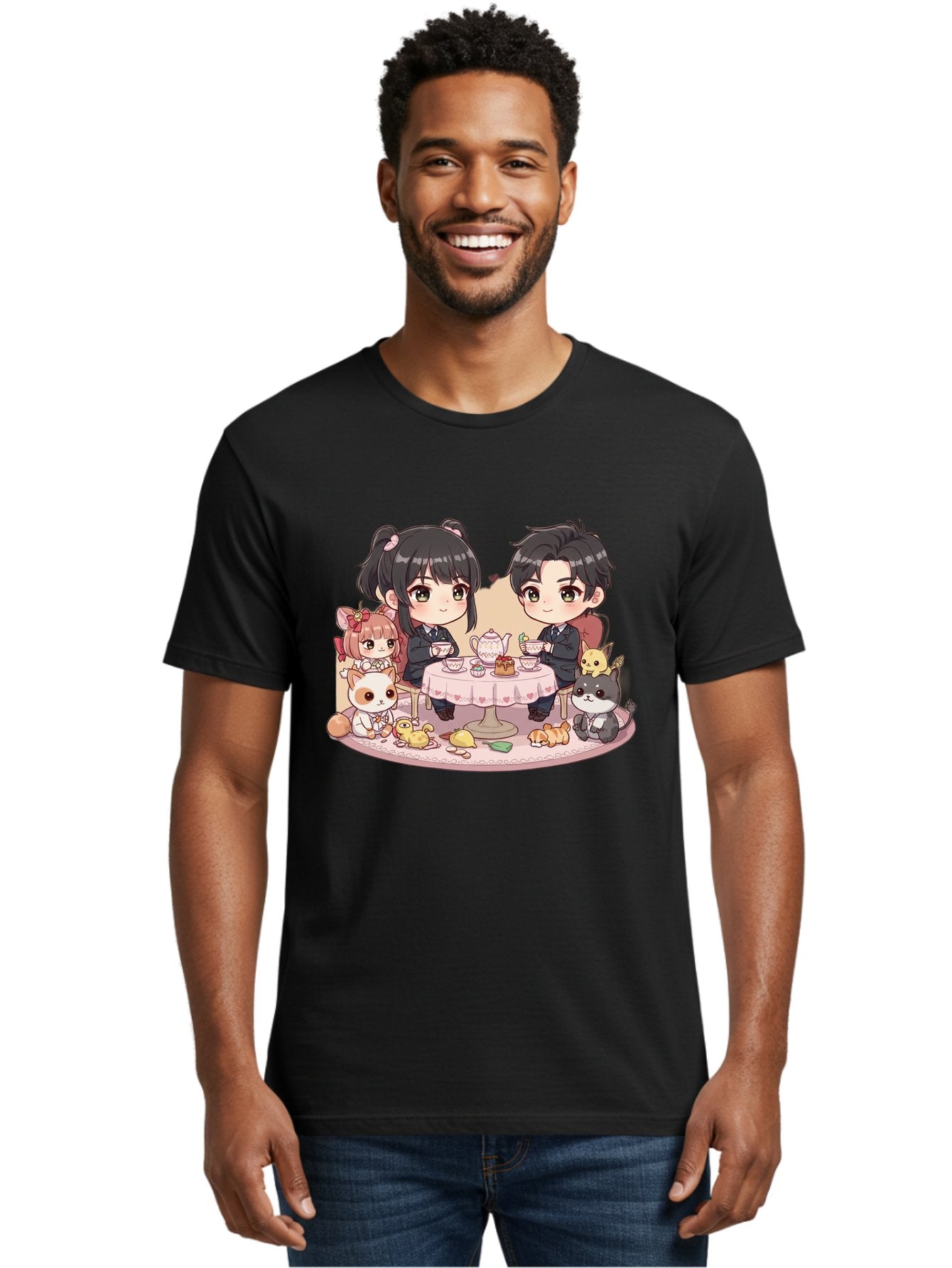 Couple-Having-Tea Men'S Graphic Tee, 100% Cotton, Comfortable Casual Summer Wear, Machine Washable, Couple Having Tea, Cartoon Characters, Anime Style, Tea Party, Adorable Animals, Heartwarming Scene, Tea Cups, Teapot, Sweet Treats, Bab822 26