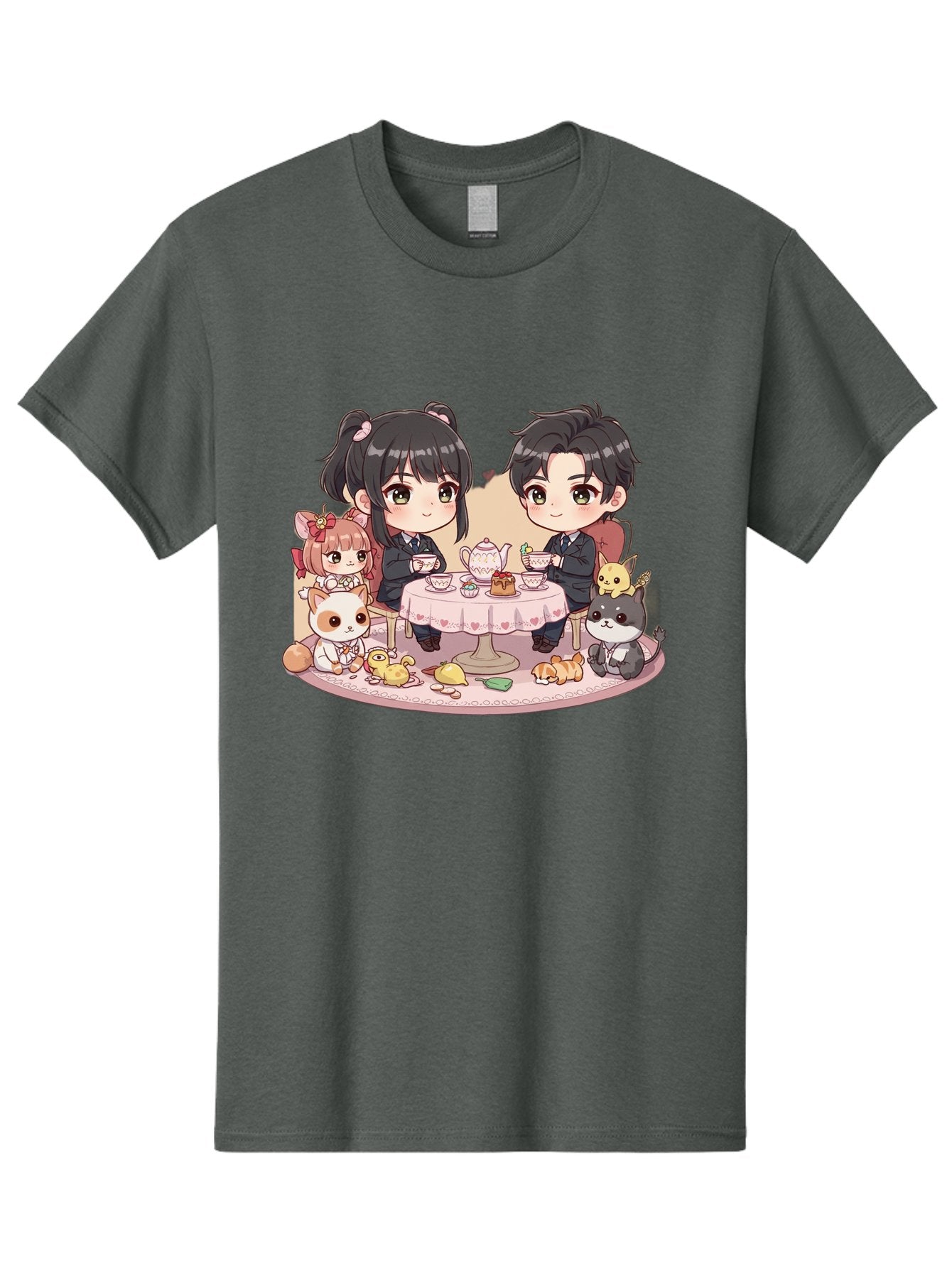 Couple-Having-Tea Men'S Graphic Tee, 100% Cotton, Comfortable Casual Summer Wear, Machine Washable, Couple Having Tea, Cartoon Characters, Anime Style, Tea Party, Adorable Animals, Heartwarming Scene, Tea Cups, Teapot, Sweet Treats, Bab822 11