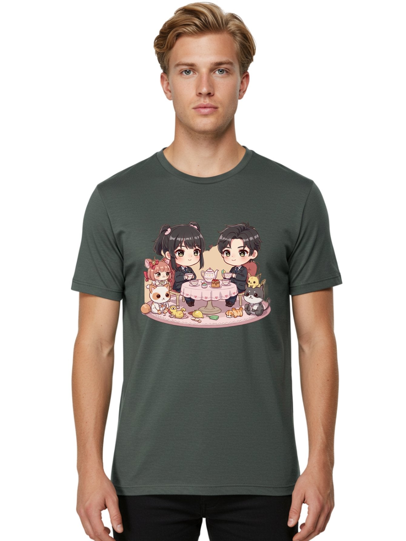 Couple-Having-Tea Men'S Graphic Tee, 100% Cotton, Comfortable Casual Summer Wear, Machine Washable, Couple Having Tea, Cartoon Characters, Anime Style, Tea Party, Adorable Animals, Heartwarming Scene, Tea Cups, Teapot, Sweet Treats, Bab822 27