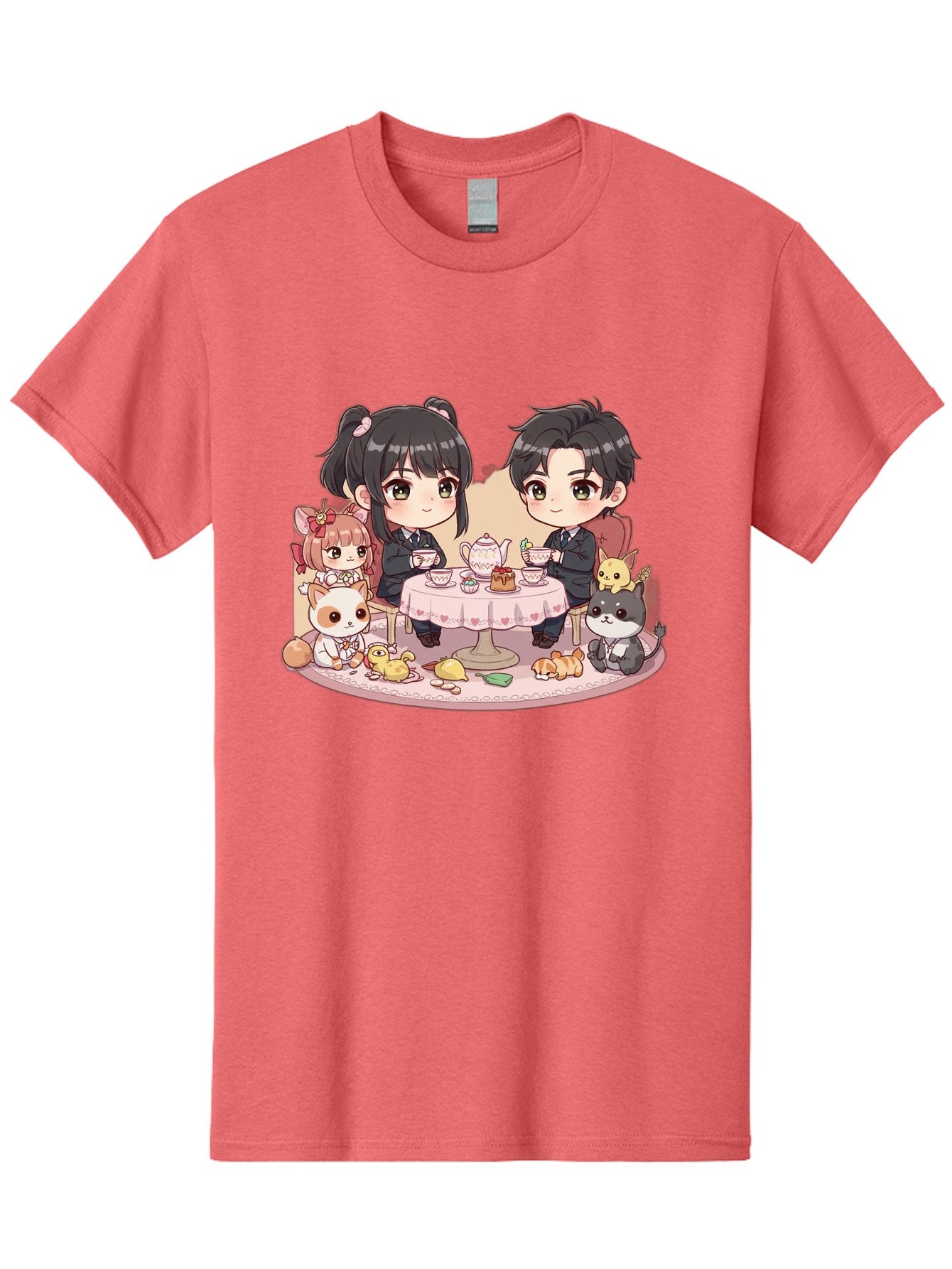 Couple-Having-Tea Men'S Graphic Tee, 100% Cotton, Comfortable Casual Summer Wear, Machine Washable, Couple Having Tea, Cartoon Characters, Anime Style, Tea Party, Adorable Animals, Heartwarming Scene, Tea Cups, Teapot, Sweet Treats, Bab822