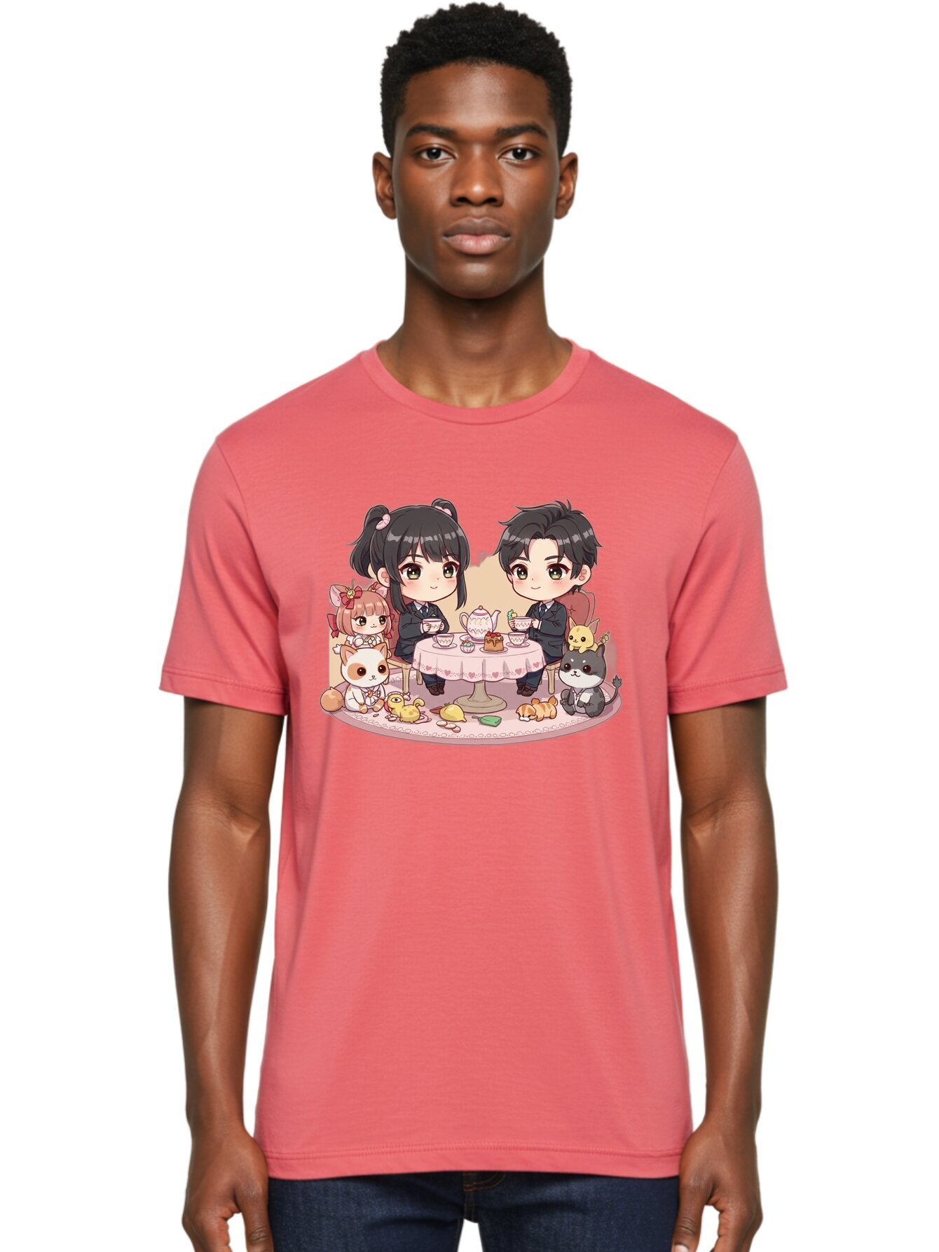 Couple-Having-Tea Men'S Graphic Tee, 100% Cotton, Comfortable Casual Summer Wear, Machine Washable, Couple Having Tea, Cartoon Characters, Anime Style, Tea Party, Adorable Animals, Heartwarming Scene, Tea Cups, Teapot, Sweet Treats, Bab822 19