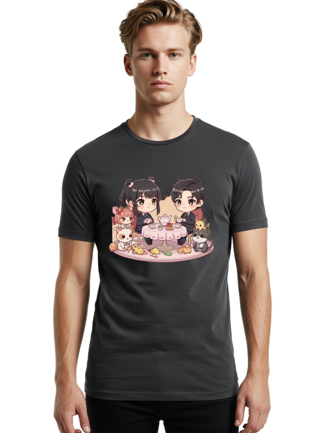Couple-Having-Tea Men'S Graphic Tee, 100% Cotton, Comfortable Casual Summer Wear, Machine Washable, Couple Having Tea, Cartoon Characters, Anime Style, Tea Party, Adorable Animals, Heartwarming Scene, Tea Cups, Teapot, Sweet Treats, Bab822 29