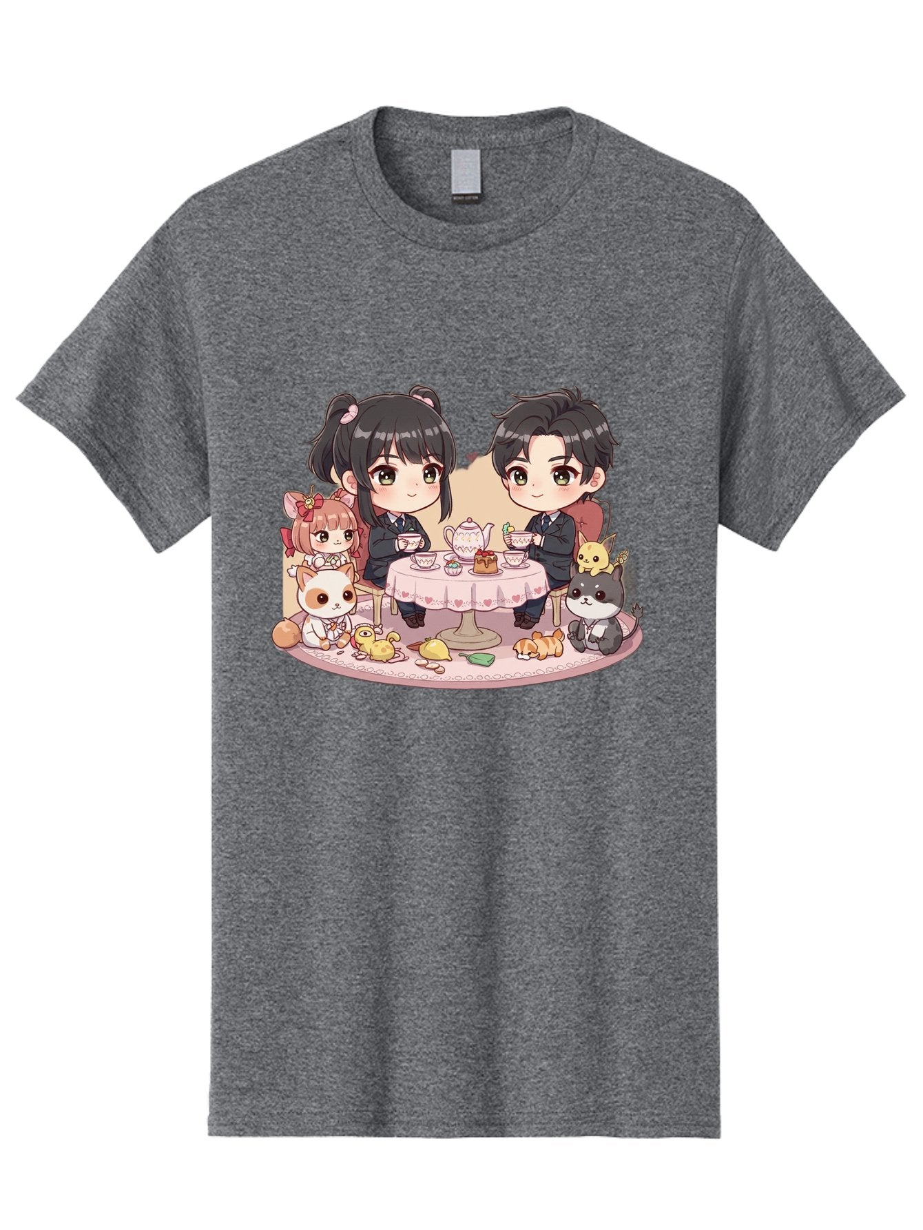 Couple-Having-Tea Men'S Graphic Tee, 100% Cotton, Comfortable Casual Summer Wear, Machine Washable, Couple Having Tea, Cartoon Characters, Anime Style, Tea Party, Adorable Animals, Heartwarming Scene, Tea Cups, Teapot, Sweet Treats, Bab822 3