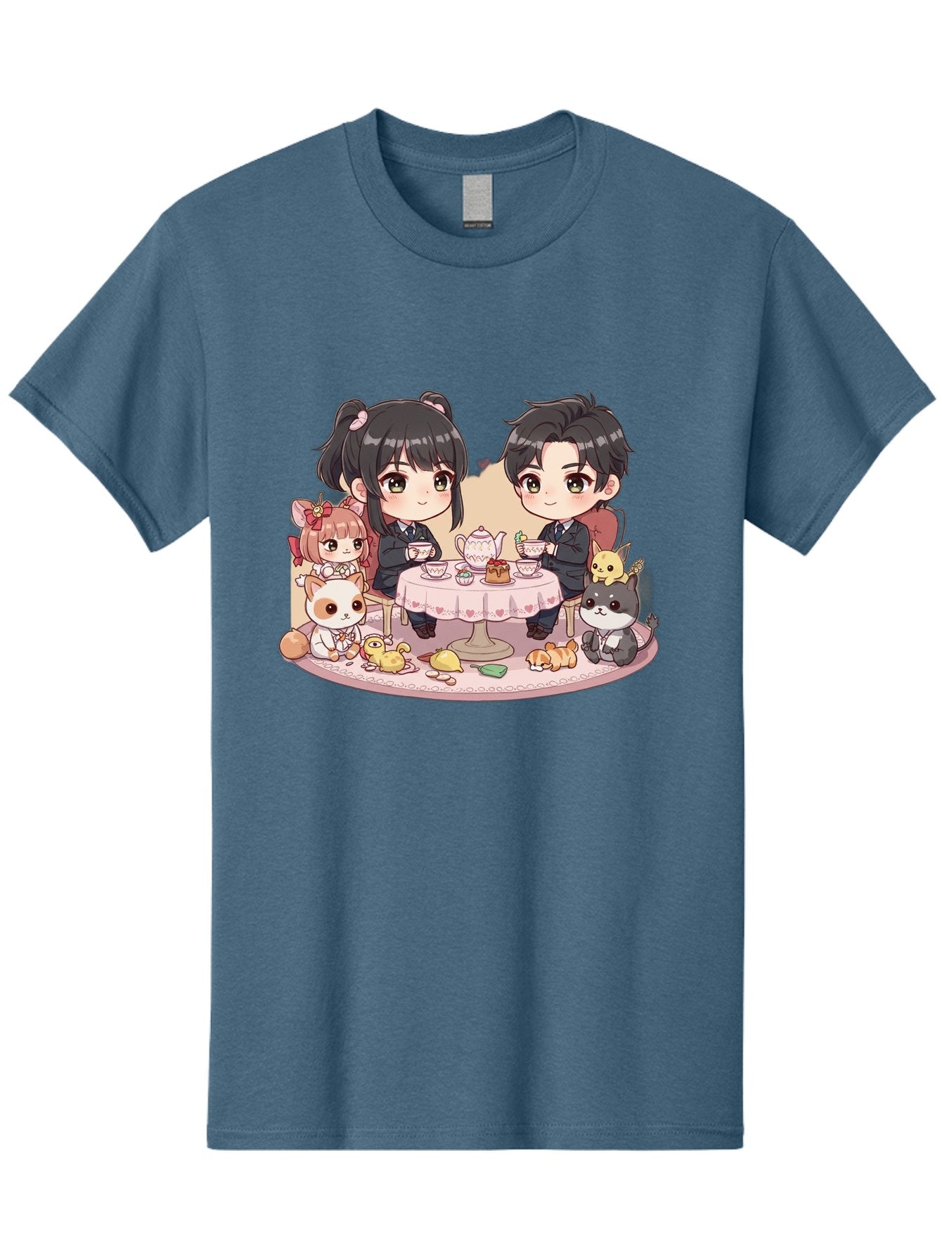 Couple-Having-Tea Men'S Graphic Tee, 100% Cotton, Comfortable Casual Summer Wear, Machine Washable, Couple Having Tea, Cartoon Characters, Anime Style, Tea Party, Adorable Animals, Heartwarming Scene, Tea Cups, Teapot, Sweet Treats, Bab822 7