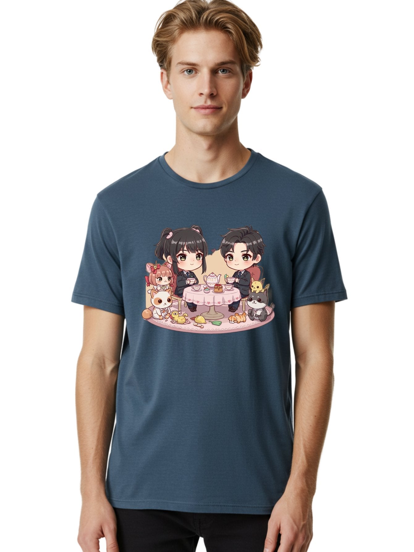 Couple-Having-Tea Men'S Graphic Tee, 100% Cotton, Comfortable Casual Summer Wear, Machine Washable, Couple Having Tea, Cartoon Characters, Anime Style, Tea Party, Adorable Animals, Heartwarming Scene, Tea Cups, Teapot, Sweet Treats, Bab822 16