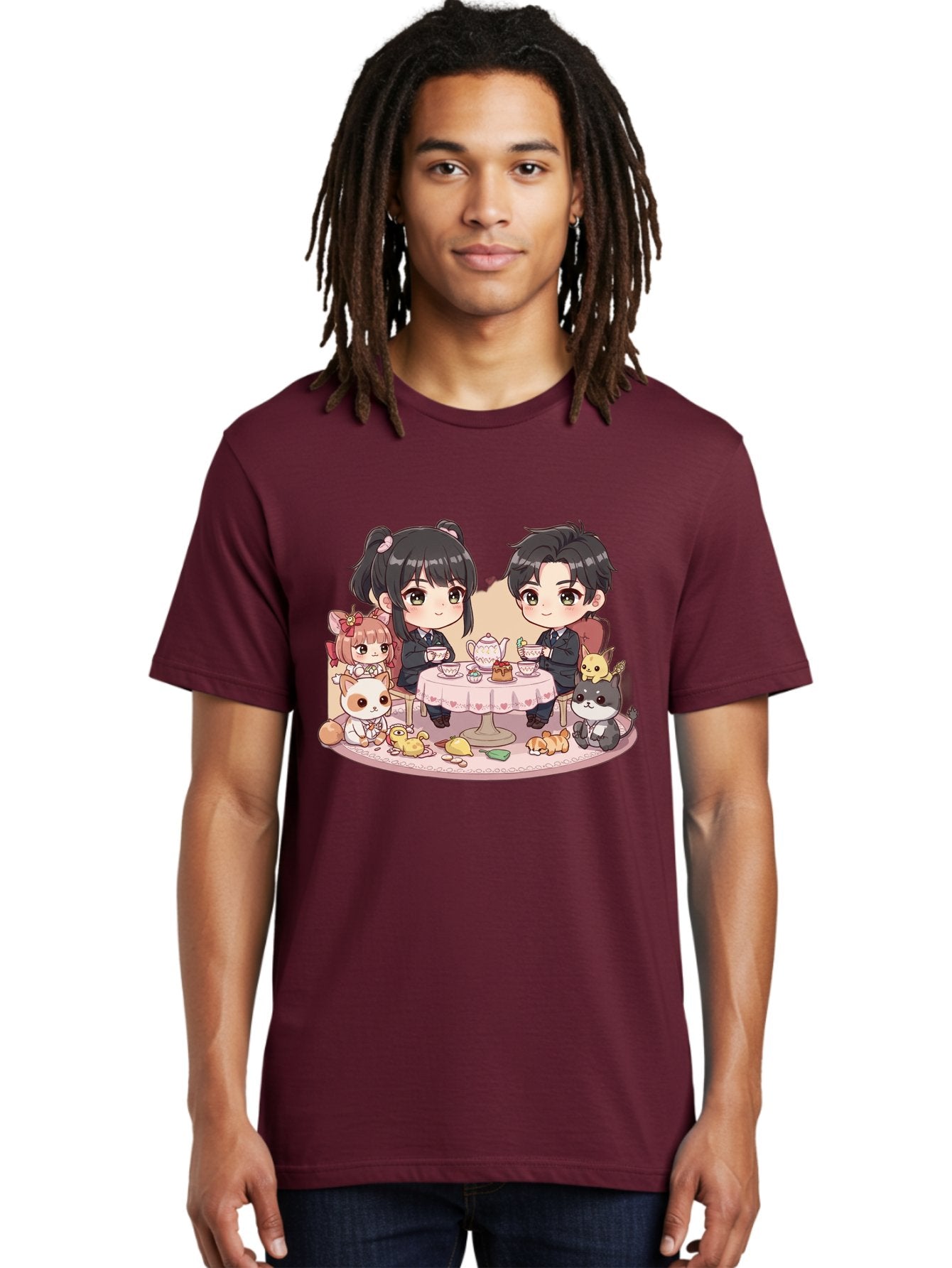 Couple-Having-Tea Men'S Graphic Tee, 100% Cotton, Comfortable Casual Summer Wear, Machine Washable, Couple Having Tea, Cartoon Characters, Anime Style, Tea Party, Adorable Animals, Heartwarming Scene, Tea Cups, Teapot, Sweet Treats, Bab822 30