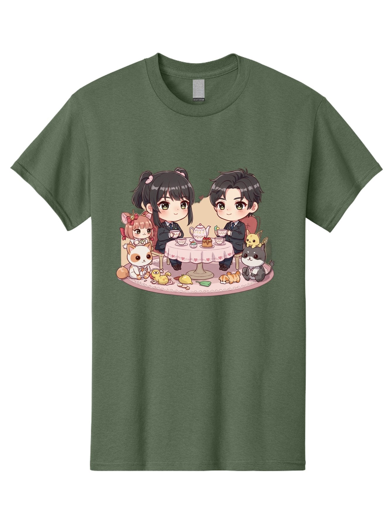 Couple-Having-Tea Men'S Graphic Tee, 100% Cotton, Comfortable Casual Summer Wear, Machine Washable, Couple Having Tea, Cartoon Characters, Anime Style, Tea Party, Adorable Animals, Heartwarming Scene, Tea Cups, Teapot, Sweet Treats, Bab822 6