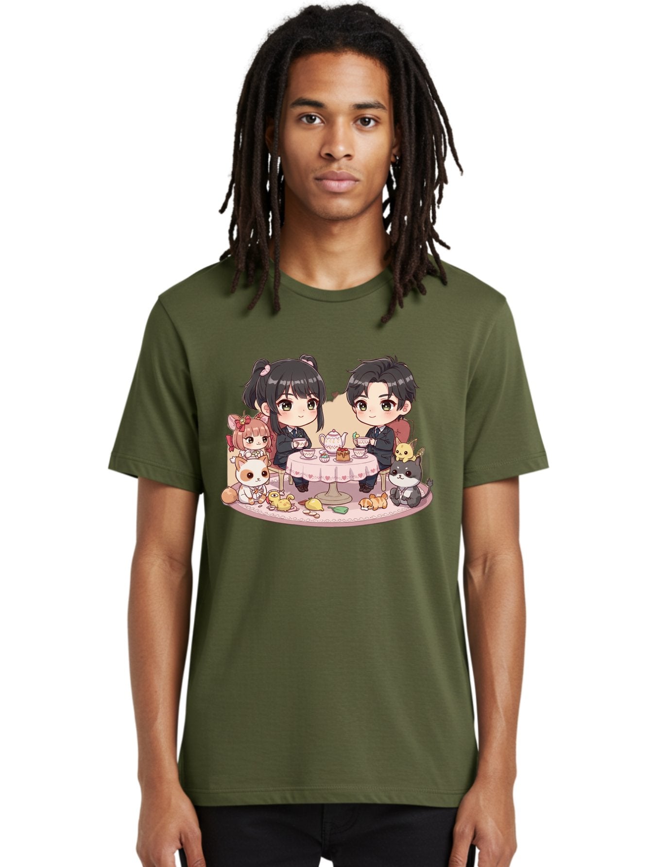 Couple-Having-Tea Men'S Graphic Tee, 100% Cotton, Comfortable Casual Summer Wear, Machine Washable, Couple Having Tea, Cartoon Characters, Anime Style, Tea Party, Adorable Animals, Heartwarming Scene, Tea Cups, Teapot, Sweet Treats, Bab822 24