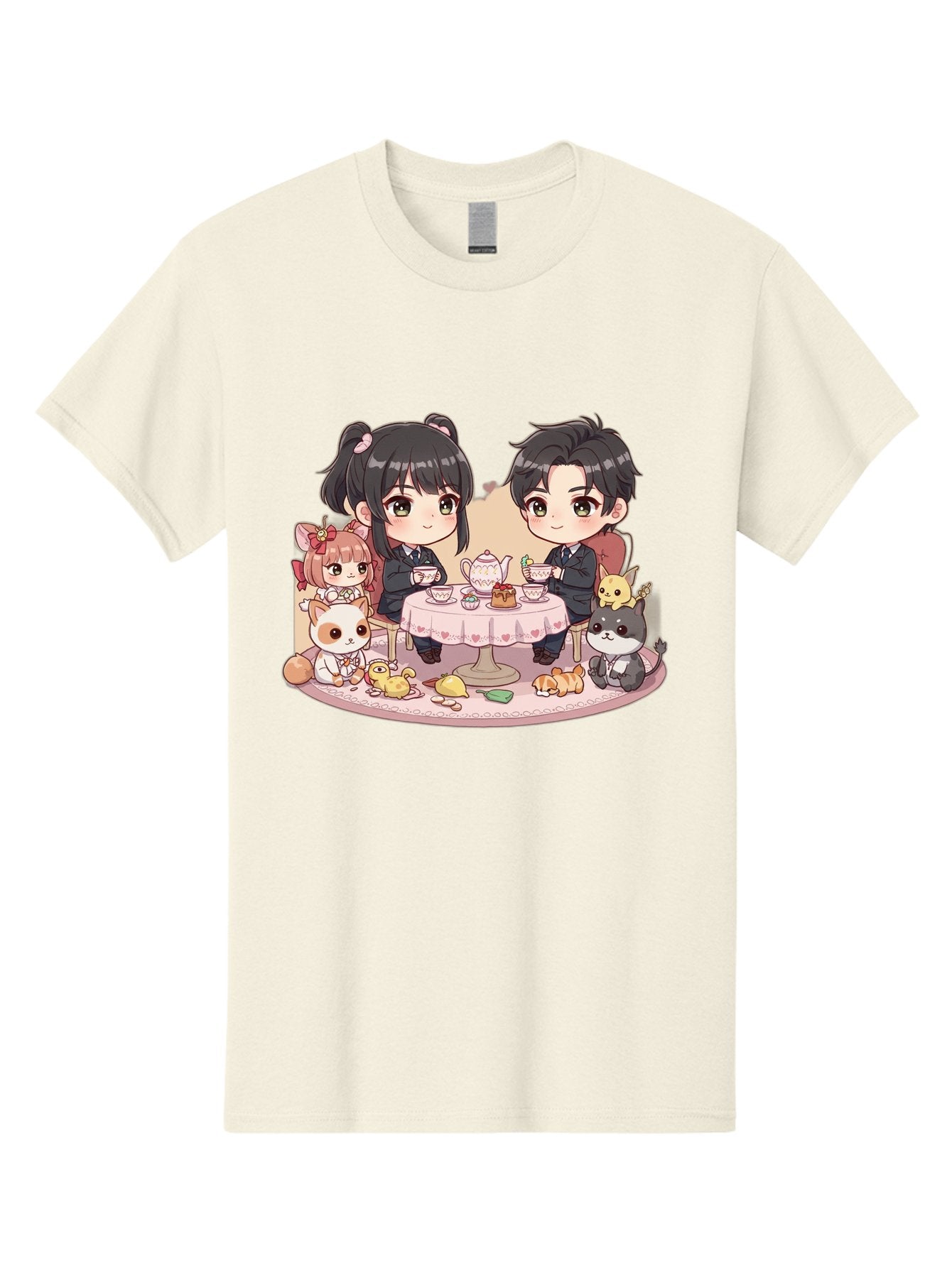 Couple-Having-Tea Men'S Graphic Tee, 100% Cotton, Comfortable Casual Summer Wear, Machine Washable, Couple Having Tea, Cartoon Characters, Anime Style, Tea Party, Adorable Animals, Heartwarming Scene, Tea Cups, Teapot, Sweet Treats, Bab822 10