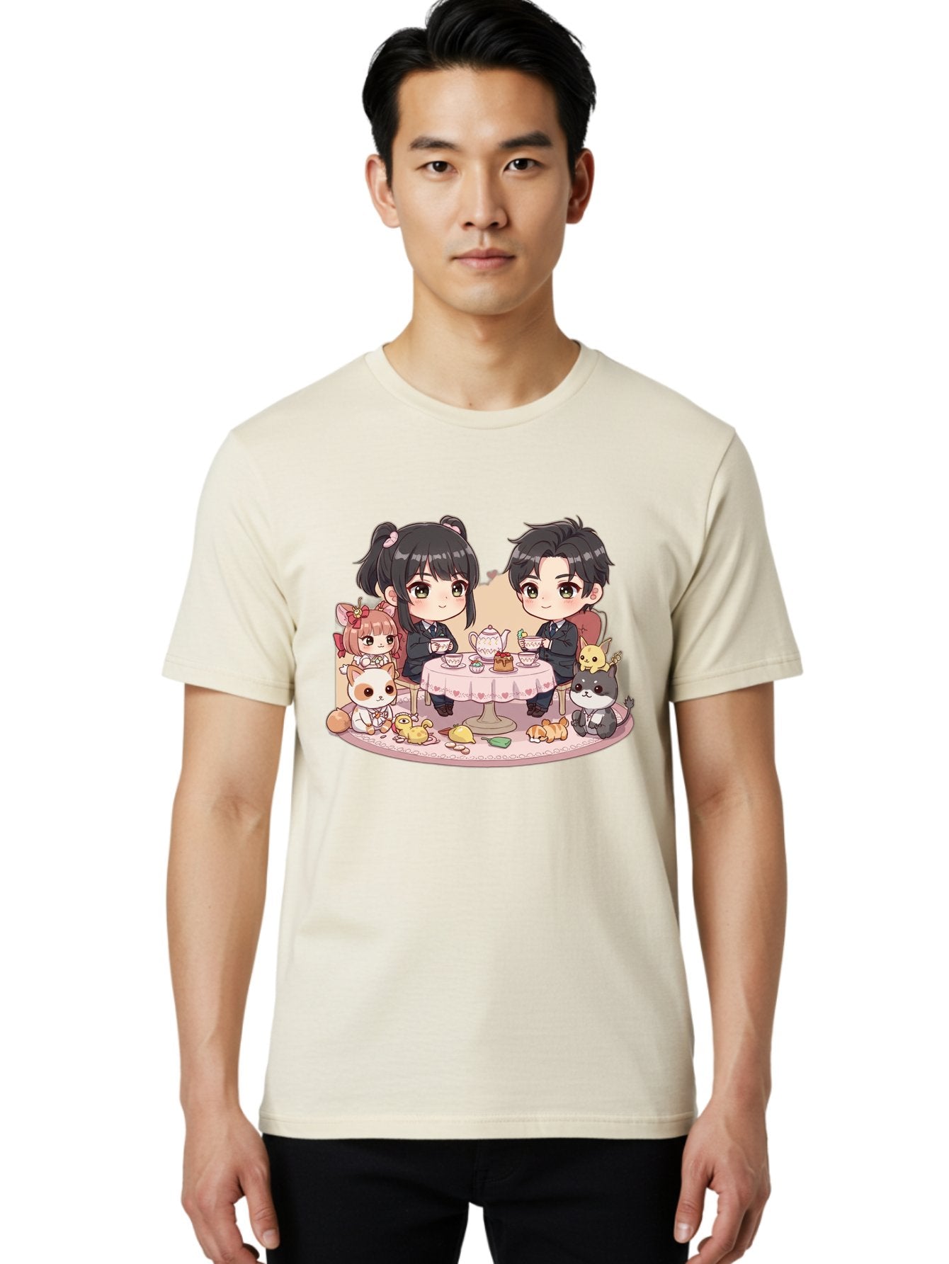 Couple-Having-Tea Men'S Graphic Tee, 100% Cotton, Comfortable Casual Summer Wear, Machine Washable, Couple Having Tea, Cartoon Characters, Anime Style, Tea Party, Adorable Animals, Heartwarming Scene, Tea Cups, Teapot, Sweet Treats, Bab822 17