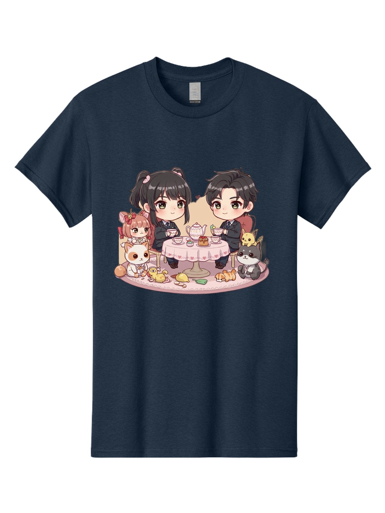 Couple-Having-Tea Men'S Graphic Tee, 100% Cotton, Comfortable Casual Summer Wear, Machine Washable, Couple Having Tea, Cartoon Characters, Anime Style, Tea Party, Adorable Animals, Heartwarming Scene, Tea Cups, Teapot, Sweet Treats, Bab822 13