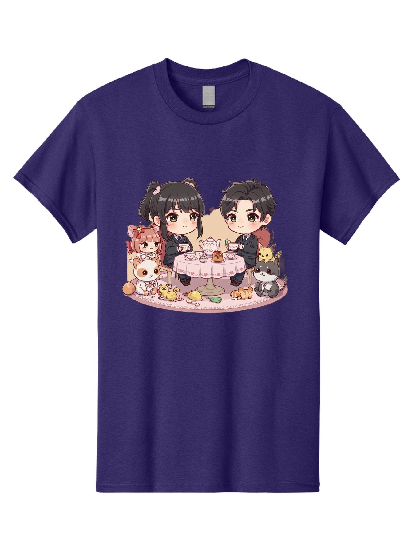 Couple-Having-Tea Men'S Graphic Tee, 100% Cotton, Comfortable Casual Summer Wear, Machine Washable, Couple Having Tea, Cartoon Characters, Anime Style, Tea Party, Adorable Animals, Heartwarming Scene, Tea Cups, Teapot, Sweet Treats, Bab822 4