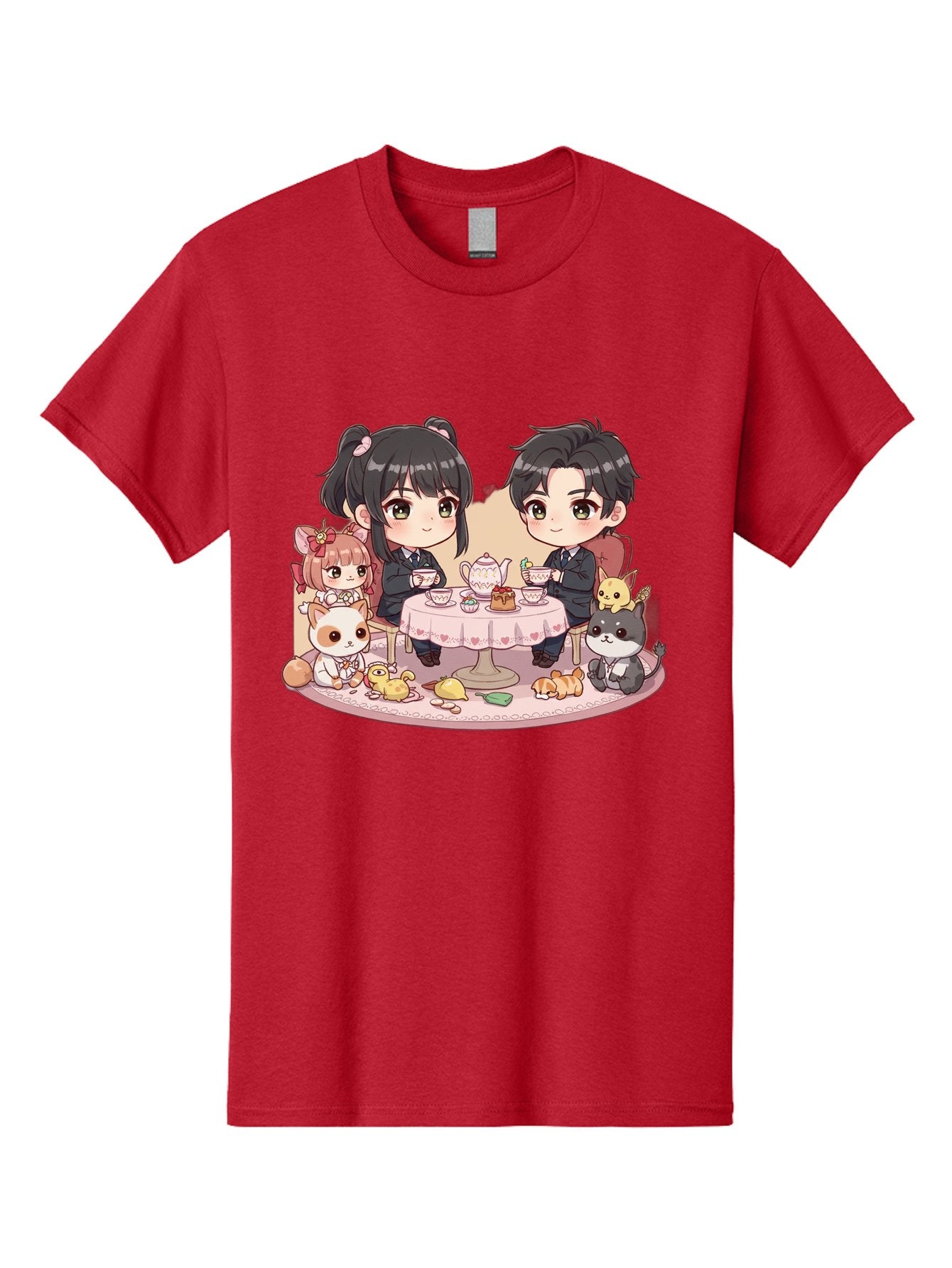 Couple-Having-Tea Men'S Graphic Tee, 100% Cotton, Comfortable Casual Summer Wear, Machine Washable, Couple Having Tea, Cartoon Characters, Anime Style, Tea Party, Adorable Animals, Heartwarming Scene, Tea Cups, Teapot, Sweet Treats, Bab822 12