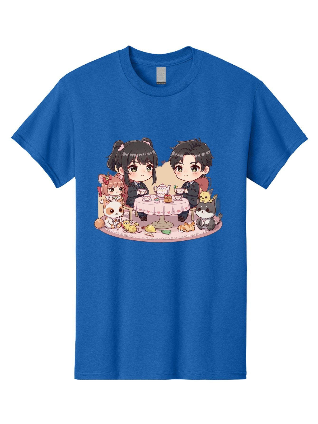 Couple-Having-Tea Men'S Graphic Tee, 100% Cotton, Comfortable Casual Summer Wear, Machine Washable, Couple Having Tea, Cartoon Characters, Anime Style, Tea Party, Adorable Animals, Heartwarming Scene, Tea Cups, Teapot, Sweet Treats, Bab822