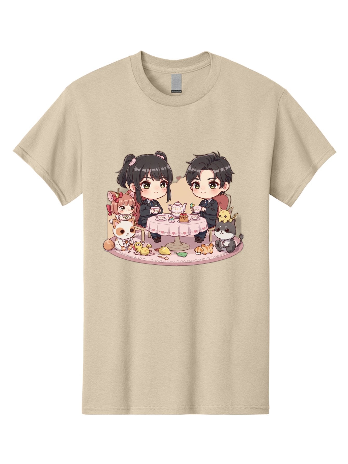 Couple-Having-Tea Men'S Graphic Tee, 100% Cotton, Comfortable Casual Summer Wear, Machine Washable, Couple Having Tea, Cartoon Characters, Anime Style, Tea Party, Adorable Animals, Heartwarming Scene, Tea Cups, Teapot, Sweet Treats, Bab822 8