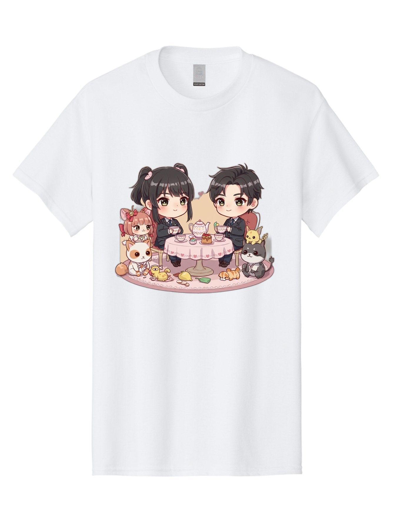 Couple-Having-Tea Men'S Graphic Tee, 100% Cotton, Comfortable Casual Summer Wear, Machine Washable, Couple Having Tea, Cartoon Characters, Anime Style, Tea Party, Adorable Animals, Heartwarming Scene, Tea Cups, Teapot, Sweet Treats, Bab822 5