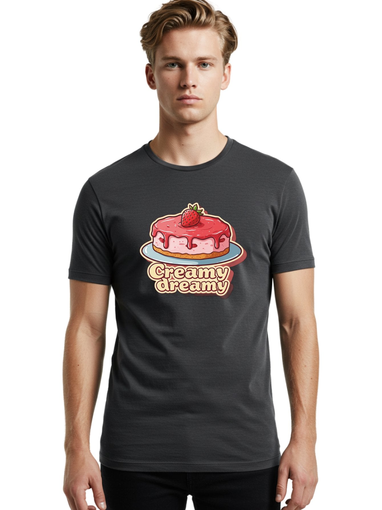 Creamy-Dreamy Men'S Graphic Tee, 100% Cotton, Comfortable Casual Summer Wear, Machine Washable, Strawberry Cheesecake, Sweet Treats, Dessert Lover, Pink Frosting, Strawberry Topping, Creamy Texture, Dreamy Delights, Foodie Art, Bab823 28