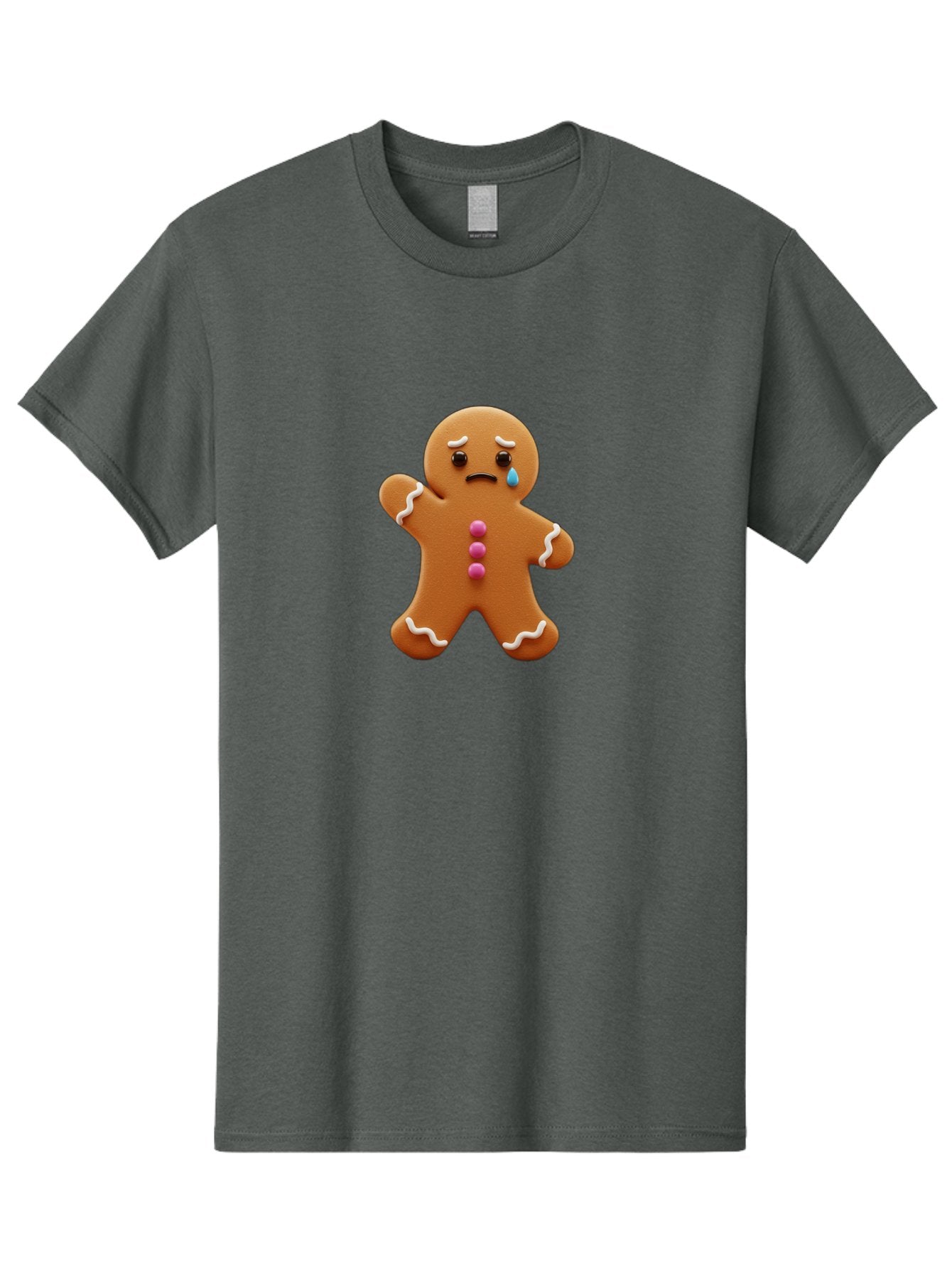 Crying-Gingerbread-Man Men'S Graphic Tee, 100% Cotton, Comfortable Casual Summer Wear, Machine Washable, Gingerbread Man, Sad Face, Crying, Unhappy Expression, Frowning, Pink Candy Buttons, White Icing Details, Cartoon Character, Bab825 12