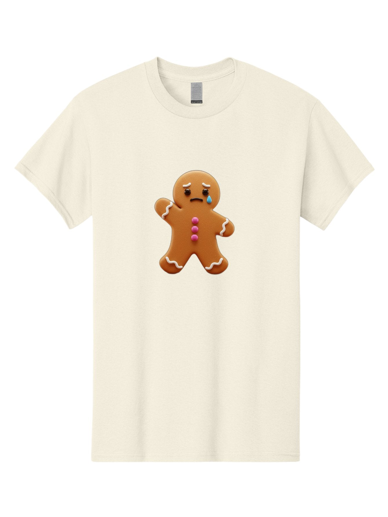Crying-Gingerbread-Man Men'S Graphic Tee, 100% Cotton, Comfortable Casual Summer Wear, Machine Washable, Gingerbread Man, Sad Face, Crying, Unhappy Expression, Frowning, Pink Candy Buttons, White Icing Details, Cartoon Character, Bab825 13