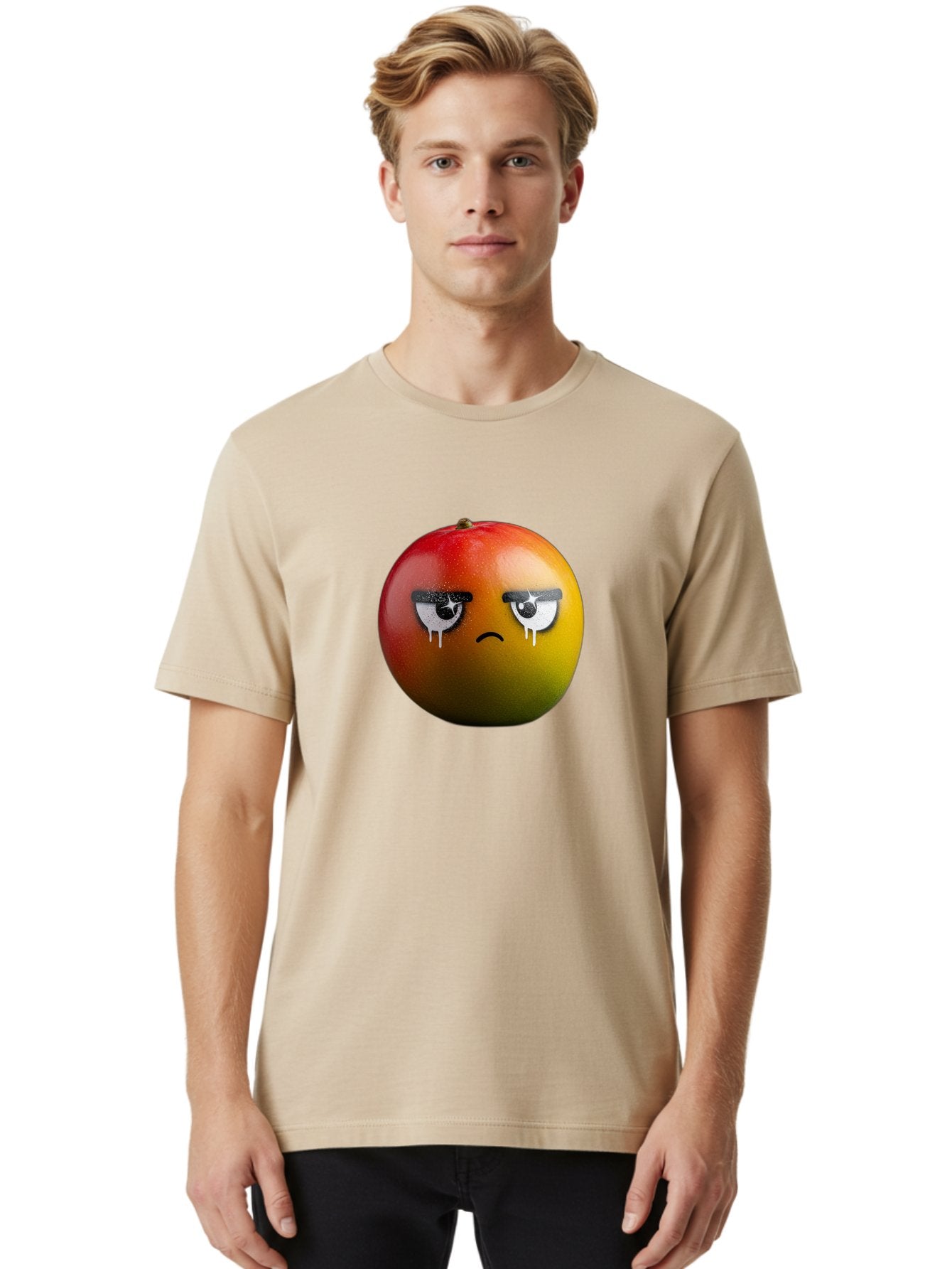 Crying-Mango-1 Men'S Graphic Tee, 100% Cotton, Comfortable Casual Summer Wear, Machine Washable, Mango With Sad Face, Crying Fruit, Distressed Expression, Emotional Fruit, Vibrant Colors, Artistic Design, Creative Illustration, Digital Art, Bab826 25