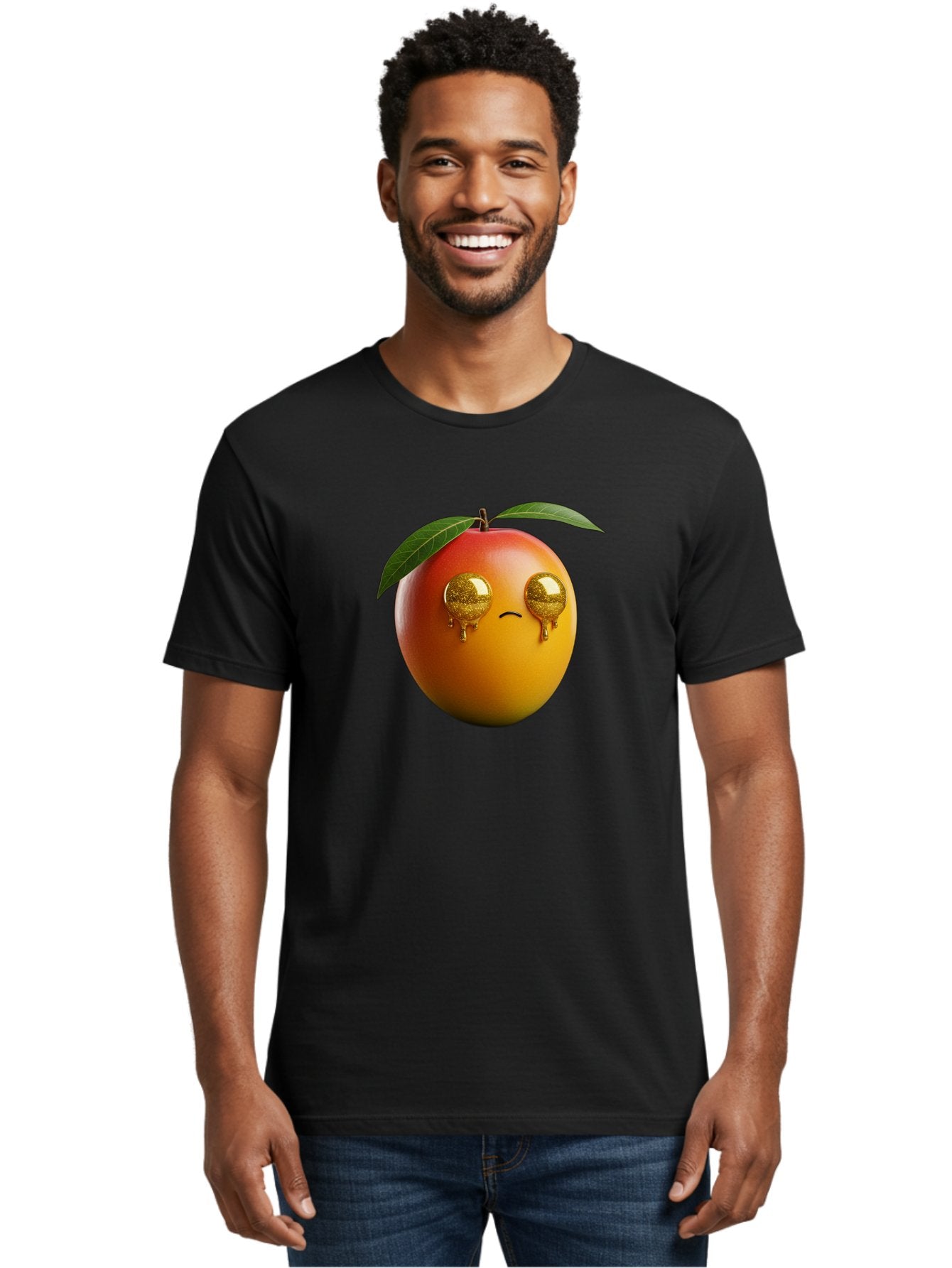 Crying-Mango Men'S Graphic Tee, 100% Cotton, Comfortable Casual Summer Wear, Machine Washable, Peach Fruit, Cartoon Character, Sad Face, Glossy Eyes, Vibrant Colors, Digital Art, Emotive Expression, Funny Fruit Bab827 28