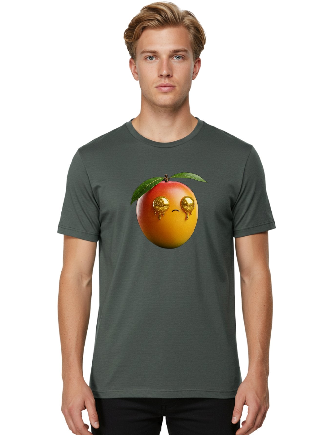 Crying-Mango Men'S Graphic Tee, 100% Cotton, Comfortable Casual Summer Wear, Machine Washable, Peach Fruit, Cartoon Character, Sad Face, Glossy Eyes, Vibrant Colors, Digital Art, Emotive Expression, Funny Fruit Bab827 17