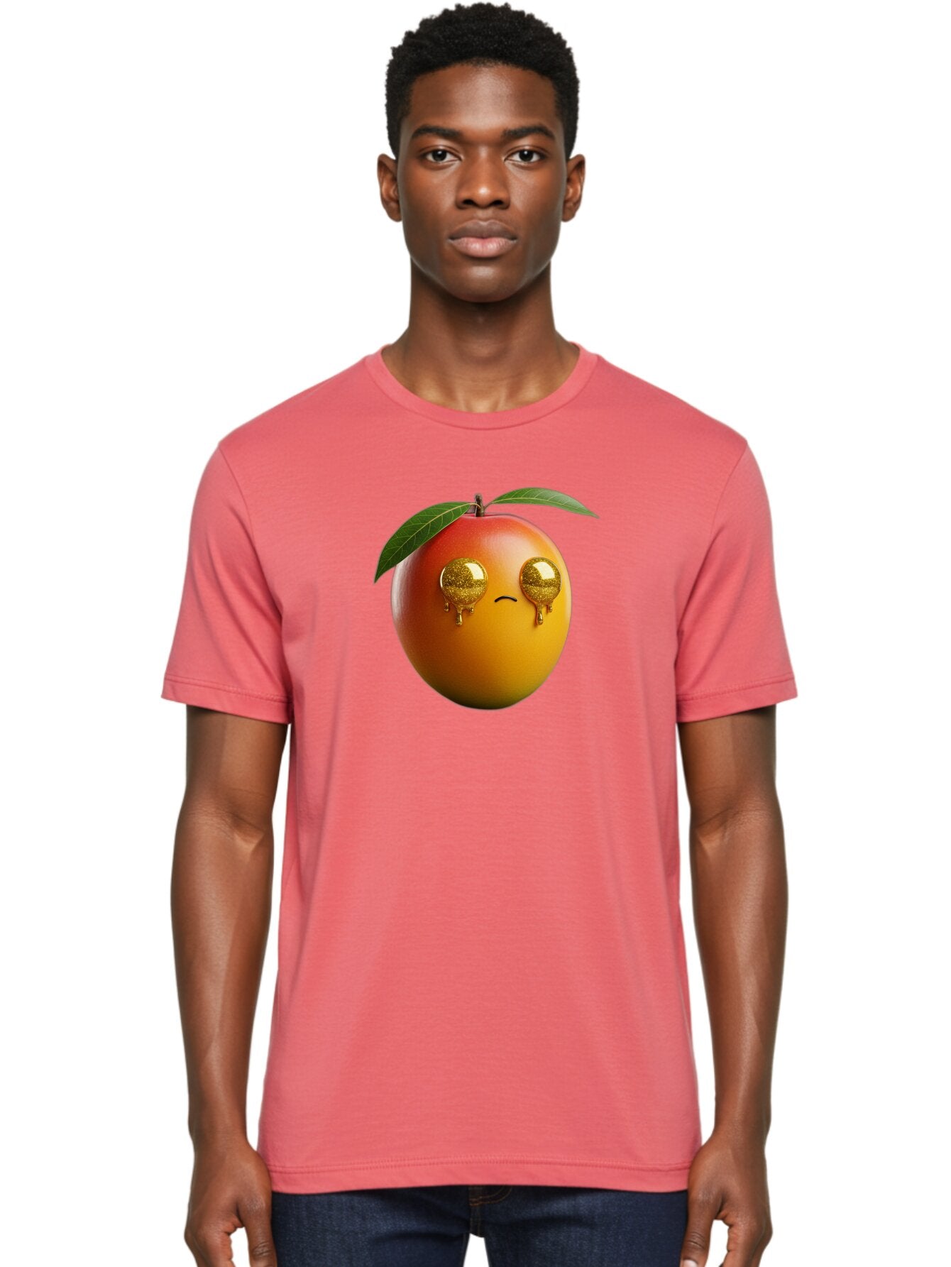 Crying-Mango Men'S Graphic Tee, 100% Cotton, Comfortable Casual Summer Wear, Machine Washable, Peach Fruit, Cartoon Character, Sad Face, Glossy Eyes, Vibrant Colors, Digital Art, Emotive Expression, Funny Fruit Bab827 30