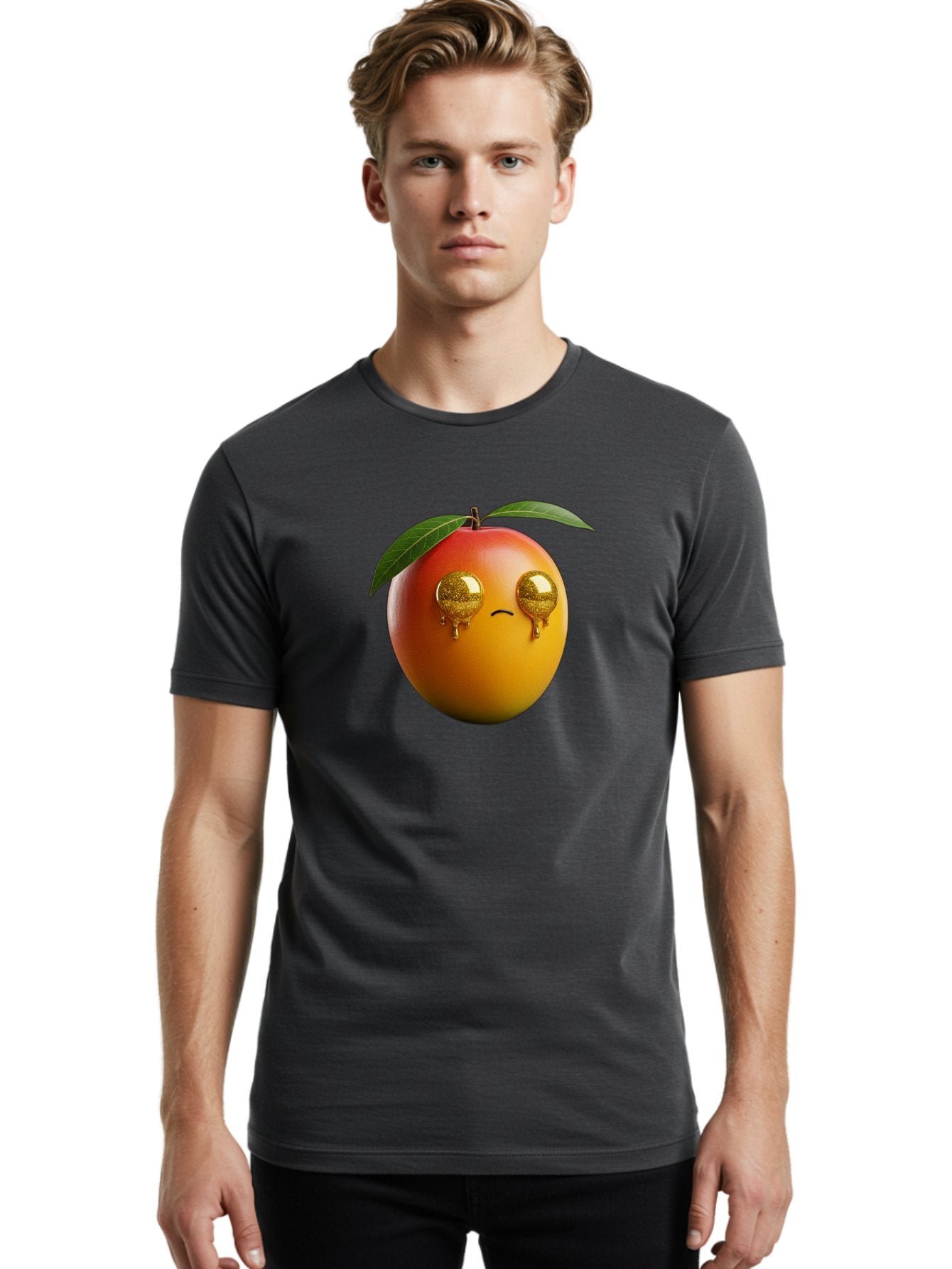 Crying-Mango Men'S Graphic Tee, 100% Cotton, Comfortable Casual Summer Wear, Machine Washable, Peach Fruit, Cartoon Character, Sad Face, Glossy Eyes, Vibrant Colors, Digital Art, Emotive Expression, Funny Fruit Bab827 29