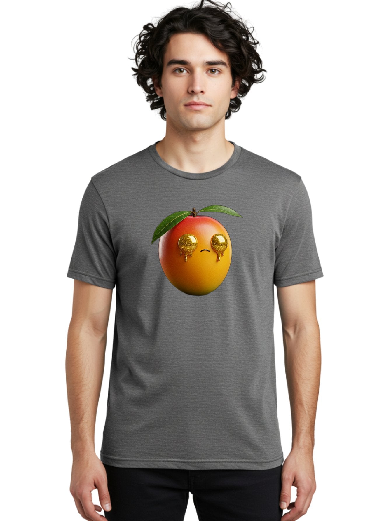 Crying-Mango Men'S Graphic Tee, 100% Cotton, Comfortable Casual Summer Wear, Machine Washable, Peach Fruit, Cartoon Character, Sad Face, Glossy Eyes, Vibrant Colors, Digital Art, Emotive Expression, Funny Fruit Bab827 19