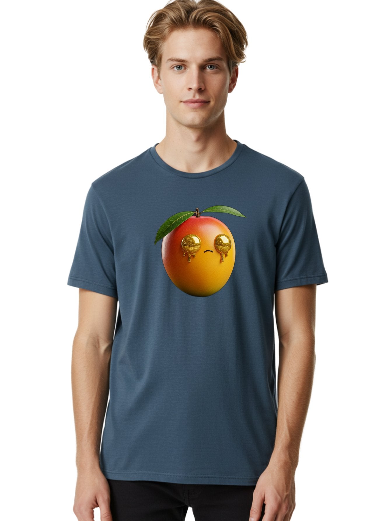 Crying-Mango Men'S Graphic Tee, 100% Cotton, Comfortable Casual Summer Wear, Machine Washable, Peach Fruit, Cartoon Character, Sad Face, Glossy Eyes, Vibrant Colors, Digital Art, Emotive Expression, Funny Fruit Bab827 21