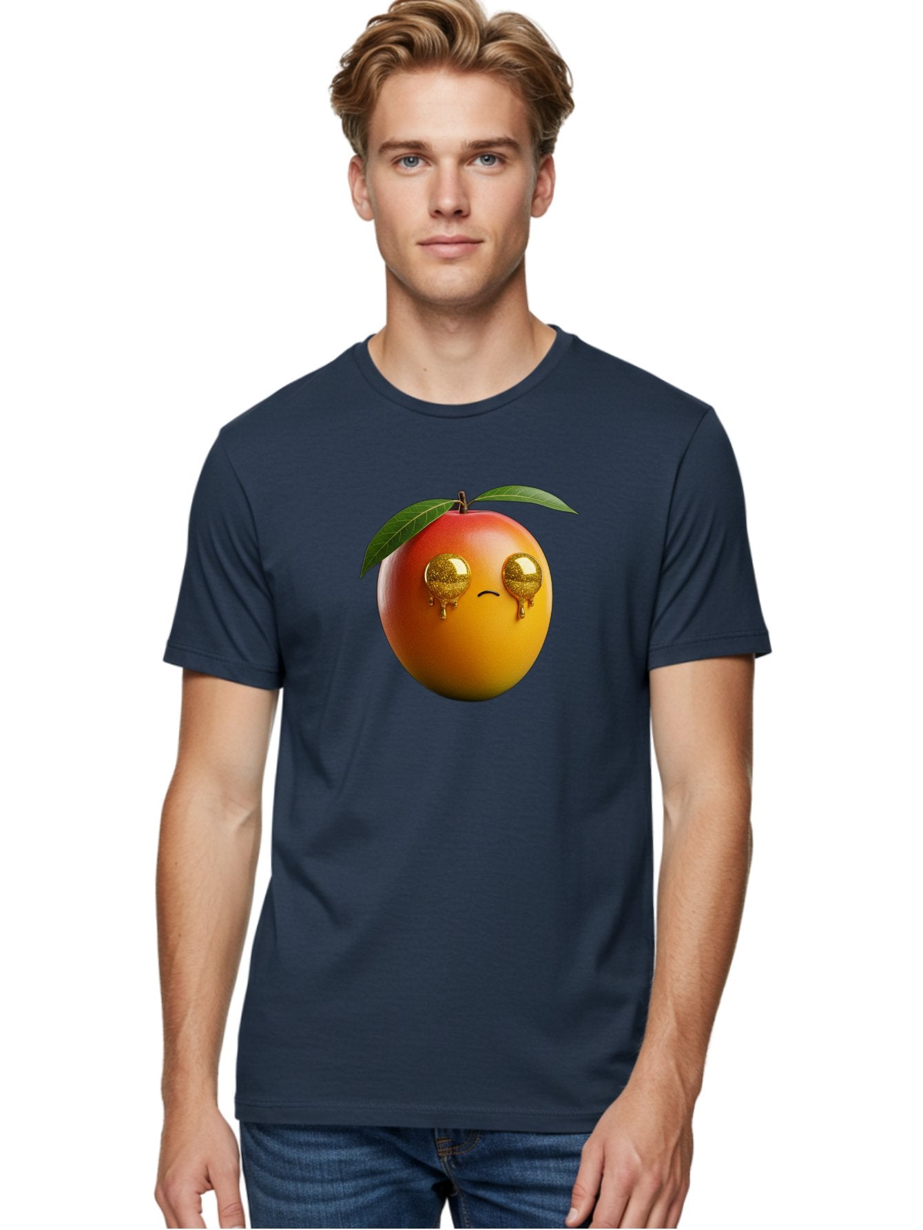 Crying-Mango Men'S Graphic Tee, 100% Cotton, Comfortable Casual Summer Wear, Machine Washable, Peach Fruit, Cartoon Character, Sad Face, Glossy Eyes, Vibrant Colors, Digital Art, Emotive Expression, Funny Fruit Bab827 27