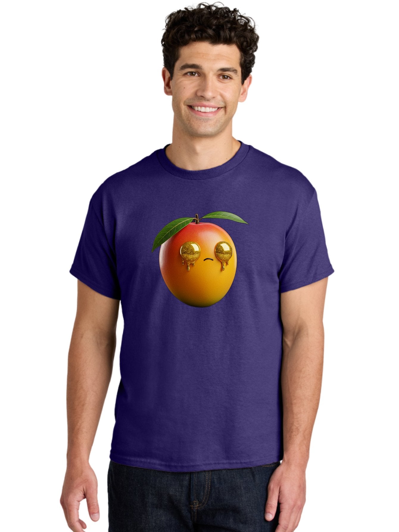 Crying-Mango Men'S Graphic Tee, 100% Cotton, Comfortable Casual Summer Wear, Machine Washable, Peach Fruit, Cartoon Character, Sad Face, Glossy Eyes, Vibrant Colors, Digital Art, Emotive Expression, Funny Fruit Bab827 16