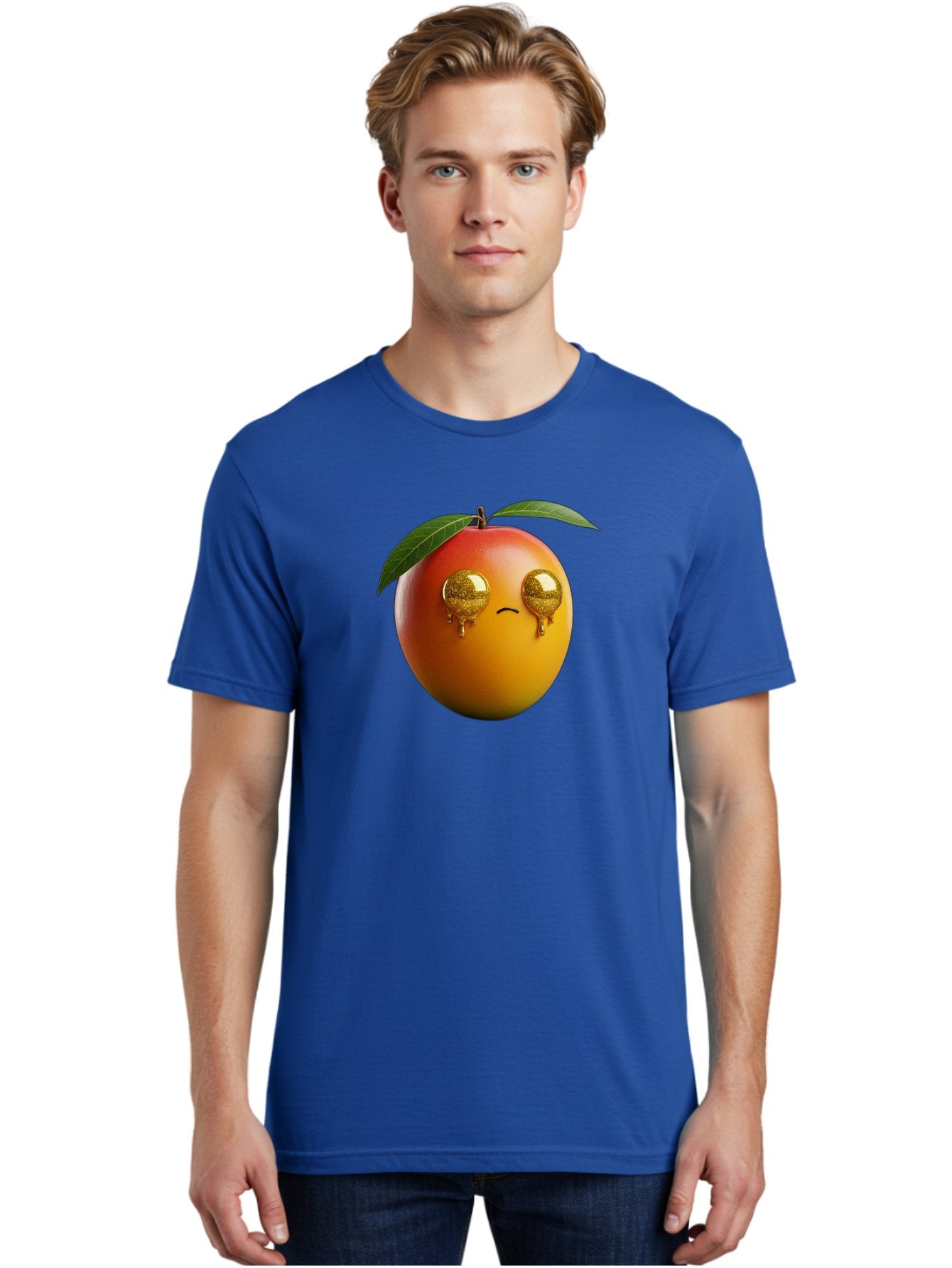 Crying-Mango Men'S Graphic Tee, 100% Cotton, Comfortable Casual Summer Wear, Machine Washable, Peach Fruit, Cartoon Character, Sad Face, Glossy Eyes, Vibrant Colors, Digital Art, Emotive Expression, Funny Fruit Bab827 26