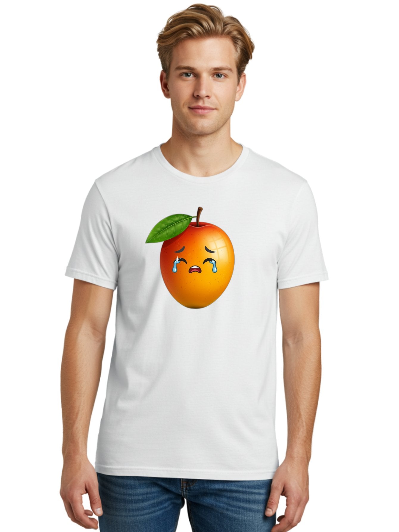 Crying-Peach Men'S Graphic Tee, 100% Cotton, Comfortable Casual Summer Wear, Machine Washable, Peach Fruit, Crying Face, Sad Expression, Tears, Sorrowful Emoji, Fruit Emoji, Emotional Face, Crying Peach, Peach With Tears Bab828 23