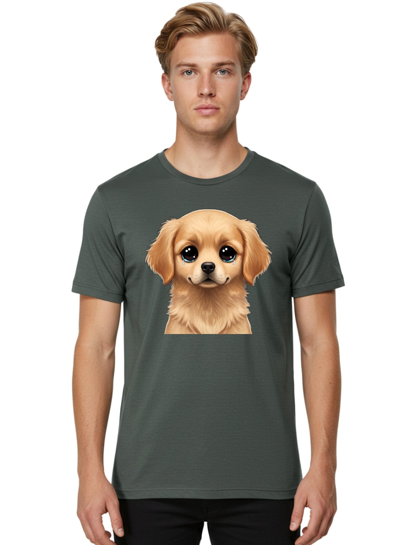 Crying-Puppy Men'S Graphic Tee, 100% Cotton, Comfortable Casual Summer Wear, Machine Washable, Sad Puppy, Crying Dog, Puppy Face, Sad Eyes, Dog Tears, Sorrowful Puppy, Adorable Puppy, Cute Dog, Dog Emotions Bab830 24