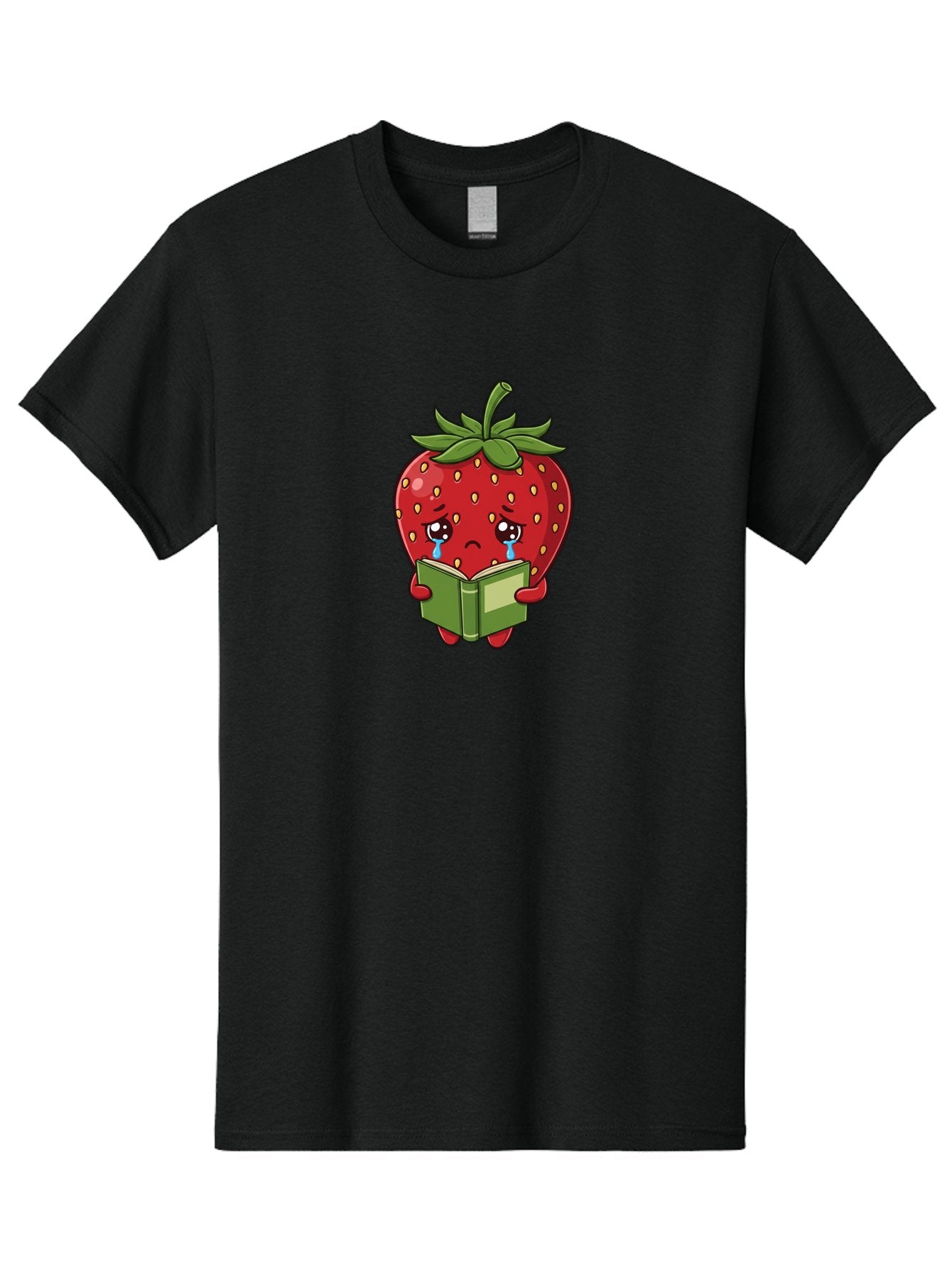 Crying-Strawberry Men'S Graphic Tee, 100% Cotton, Comfortable Casual Summer Wear, Machine Washable, Sad Strawberry, Crying While Reading, Emotional Fruit, Cartoon Character, Green Book, Tears Streaming Down, Sorrowful Expression, Bab831 9