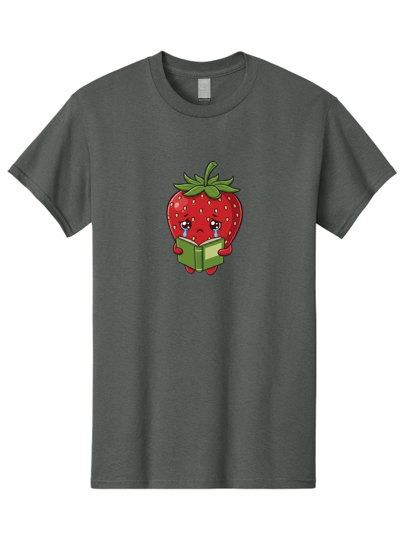 Crying-Strawberry Men'S Graphic Tee, 100% Cotton, Comfortable Casual Summer Wear, Machine Washable, Sad Strawberry, Crying While Reading, Emotional Fruit, Cartoon Character, Green Book, Tears Streaming Down, Sorrowful Expression, Bab831 15