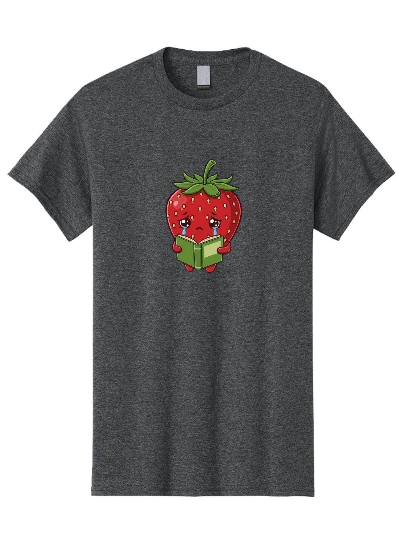 Crying-Strawberry Men'S Graphic Tee, 100% Cotton, Comfortable Casual Summer Wear, Machine Washable, Sad Strawberry, Crying While Reading, Emotional Fruit, Cartoon Character, Green Book, Tears Streaming Down, Sorrowful Expression, Bab831 13