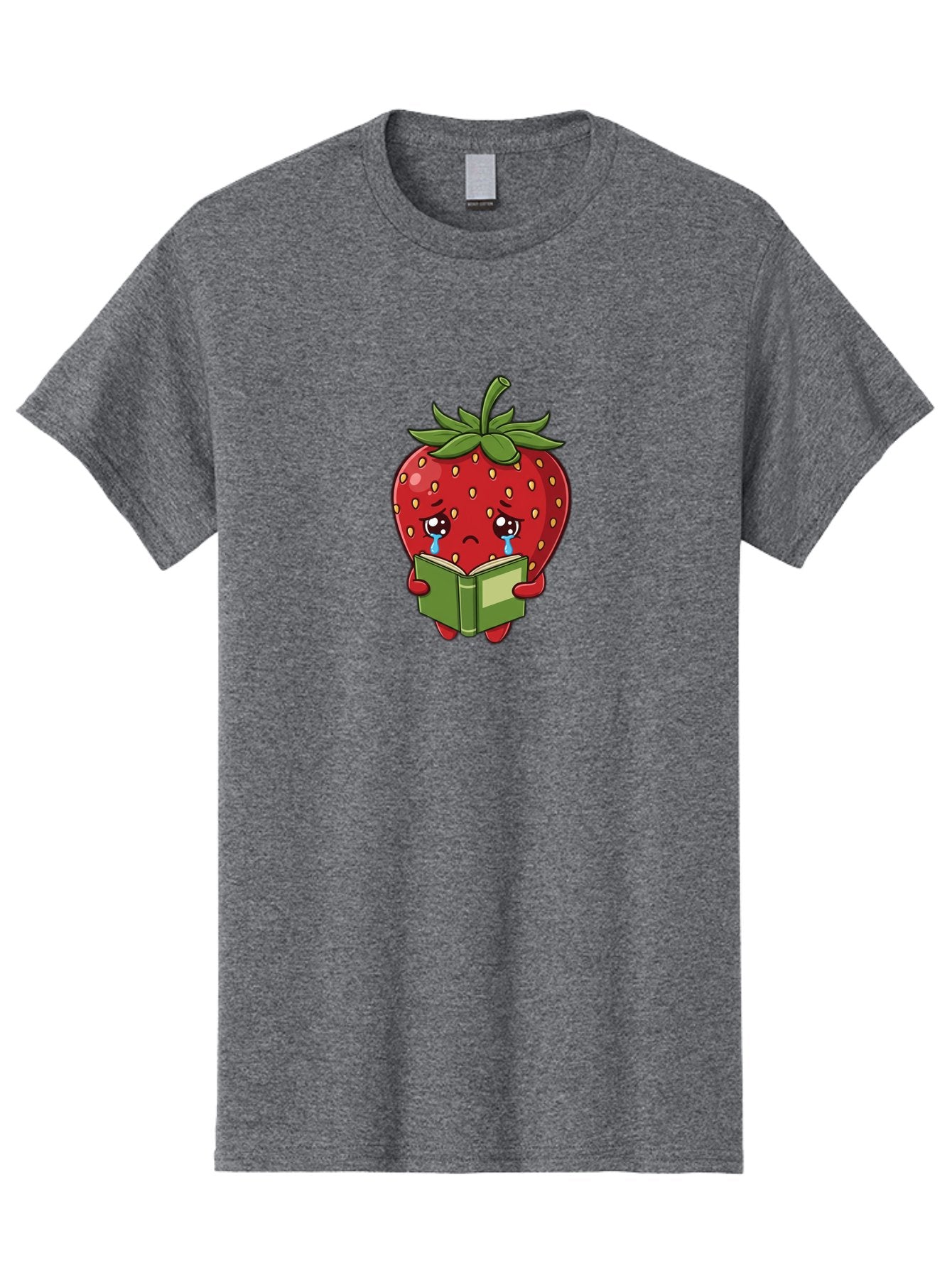 Crying-Strawberry Men'S Graphic Tee, 100% Cotton, Comfortable Casual Summer Wear, Machine Washable, Sad Strawberry, Crying While Reading, Emotional Fruit, Cartoon Character, Green Book, Tears Streaming Down, Sorrowful Expression, Bab831 8