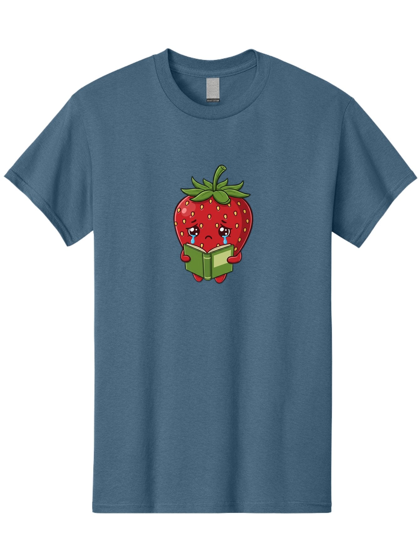 Crying-Strawberry Men'S Graphic Tee, 100% Cotton, Comfortable Casual Summer Wear, Machine Washable, Sad Strawberry, Crying While Reading, Emotional Fruit, Cartoon Character, Green Book, Tears Streaming Down, Sorrowful Expression, Bab831