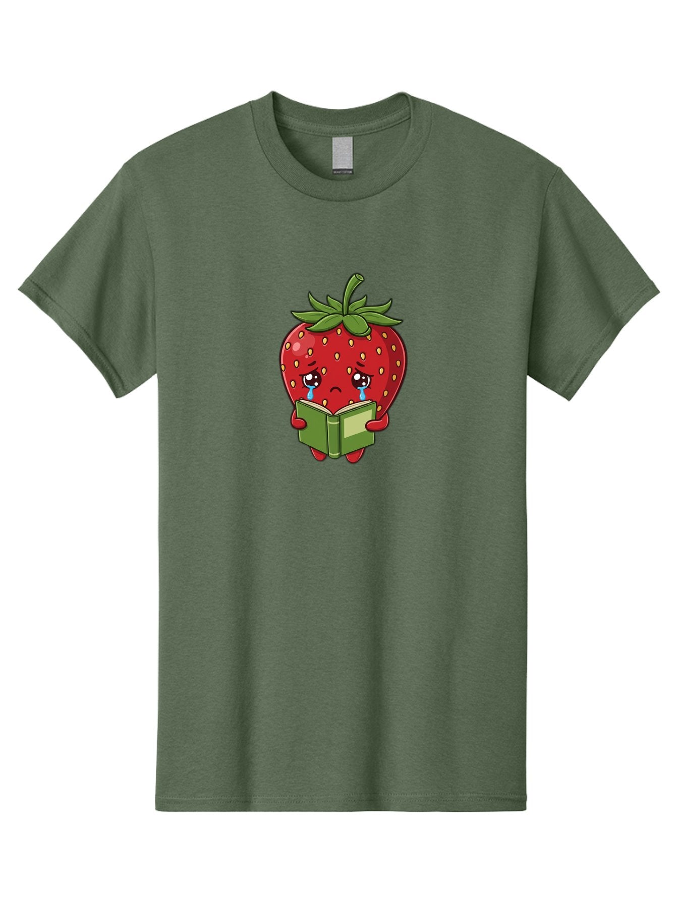 Crying-Strawberry Men'S Graphic Tee, 100% Cotton, Comfortable Casual Summer Wear, Machine Washable, Sad Strawberry, Crying While Reading, Emotional Fruit, Cartoon Character, Green Book, Tears Streaming Down, Sorrowful Expression, Bab831 4