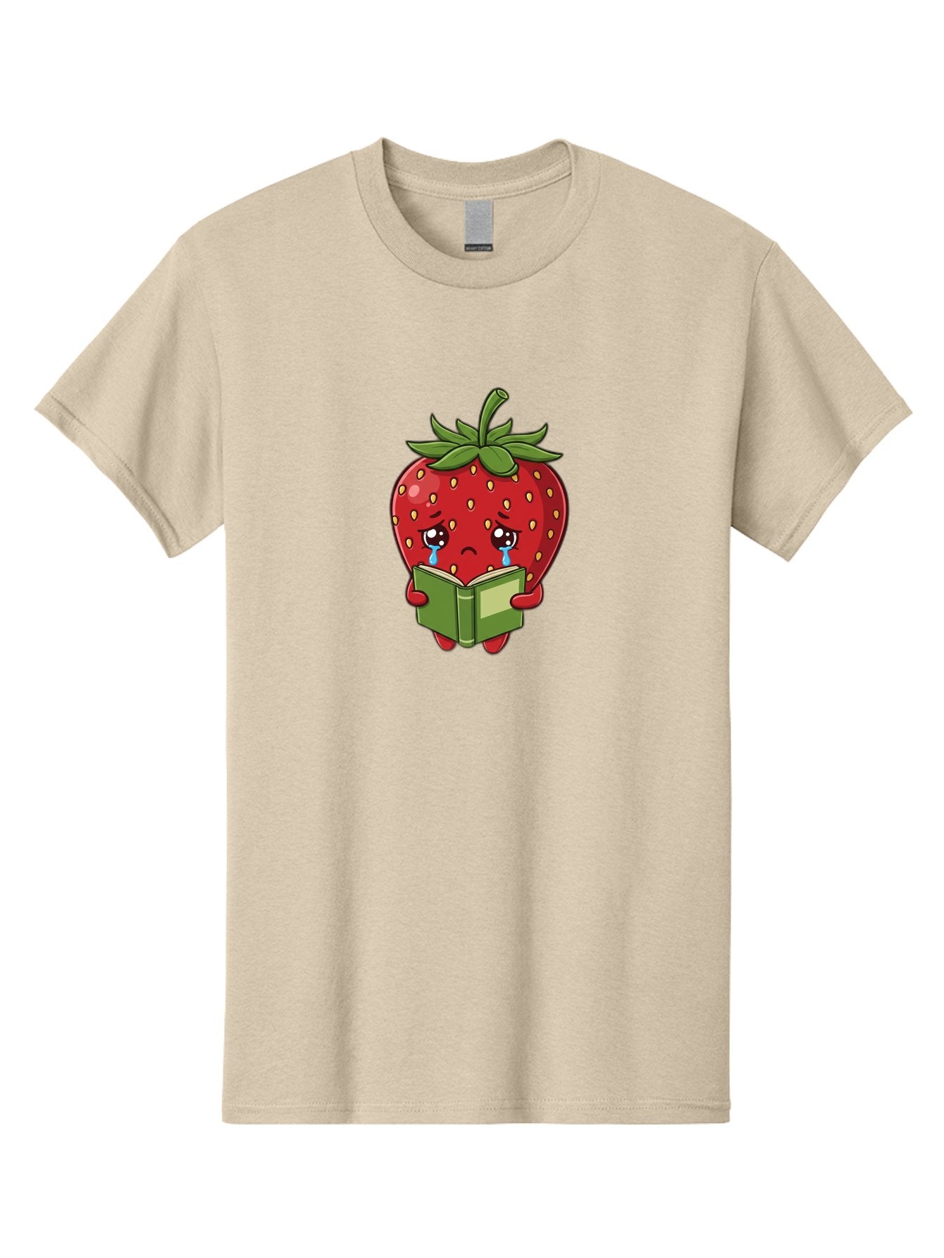 Crying-Strawberry Men'S Graphic Tee, 100% Cotton, Comfortable Casual Summer Wear, Machine Washable, Sad Strawberry, Crying While Reading, Emotional Fruit, Cartoon Character, Green Book, Tears Streaming Down, Sorrowful Expression, Bab831 10