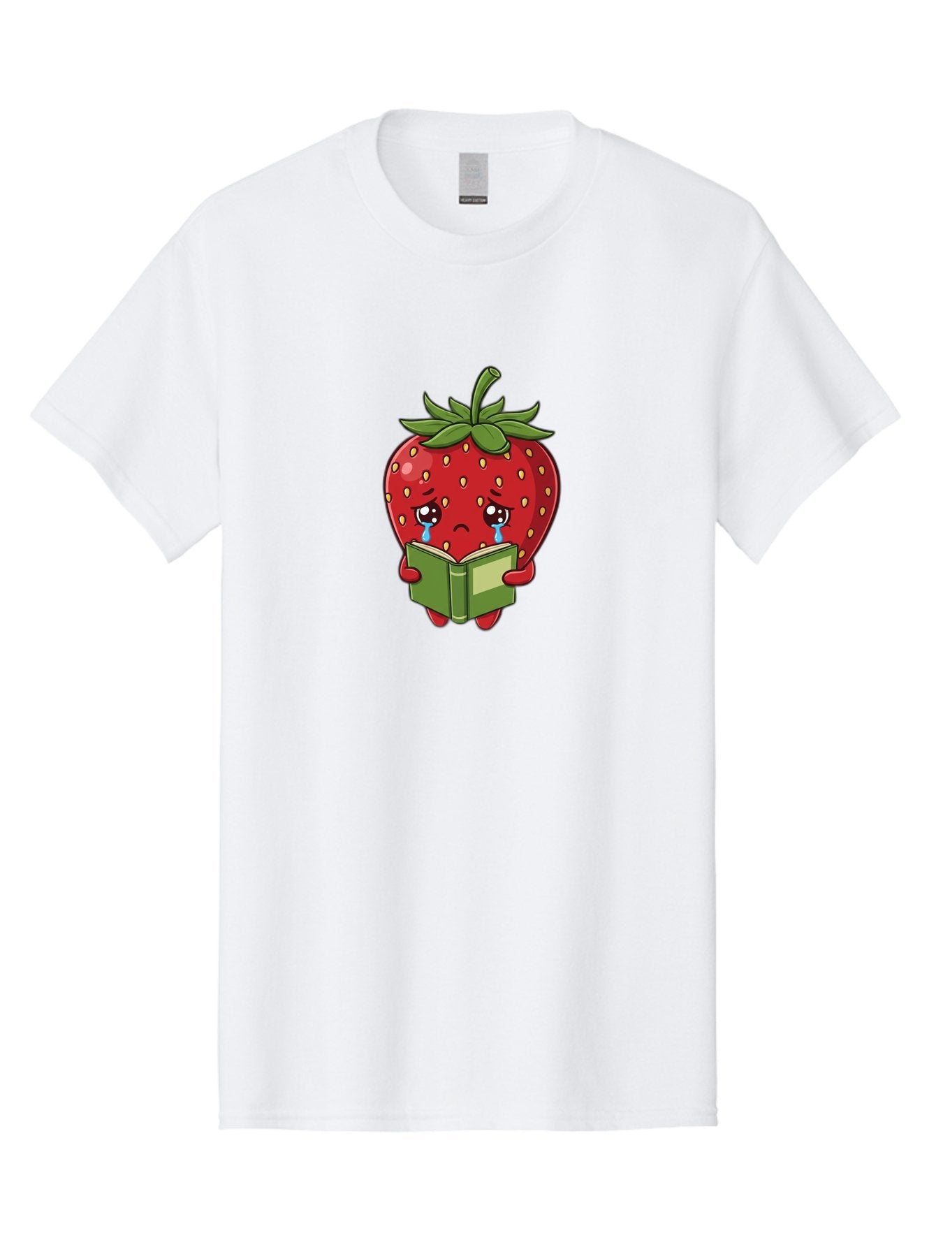 Crying-Strawberry Men'S Graphic Tee, 100% Cotton, Comfortable Casual Summer Wear, Machine Washable, Sad Strawberry, Crying While Reading, Emotional Fruit, Cartoon Character, Green Book, Tears Streaming Down, Sorrowful Expression, Bab831 14
