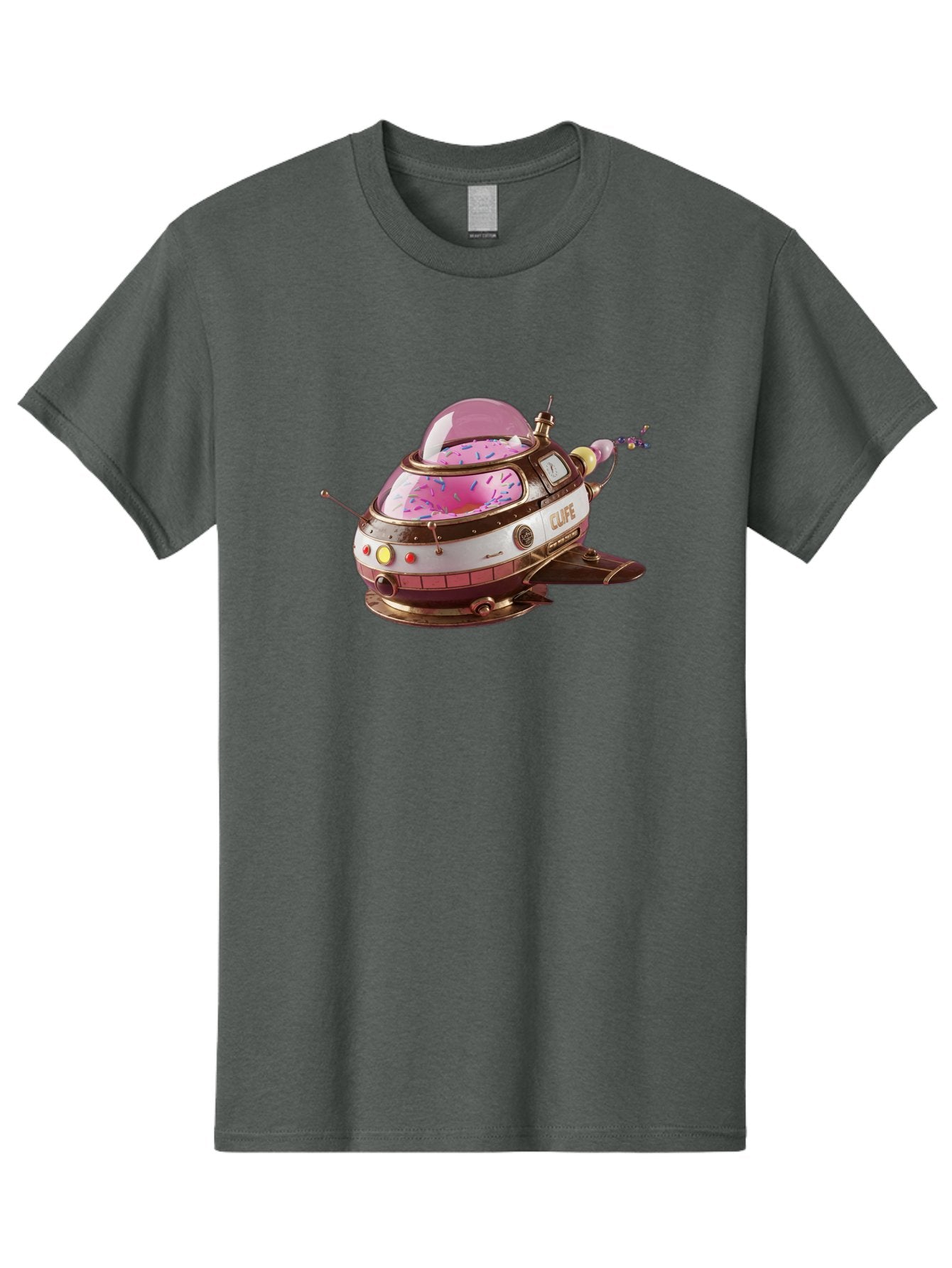Cufe-Spacecraft Men'S Graphic Tee, 100% Cotton, Comfortable Casual Summer Wear, Machine Washable, Cupcake Spaceship, Futuristic Dessert, Whimsical Design, Sprinkles, Pink Frosting, Retro-Futuristic Style, Cartoonish Charm, Sci-Fi Treat Bab832