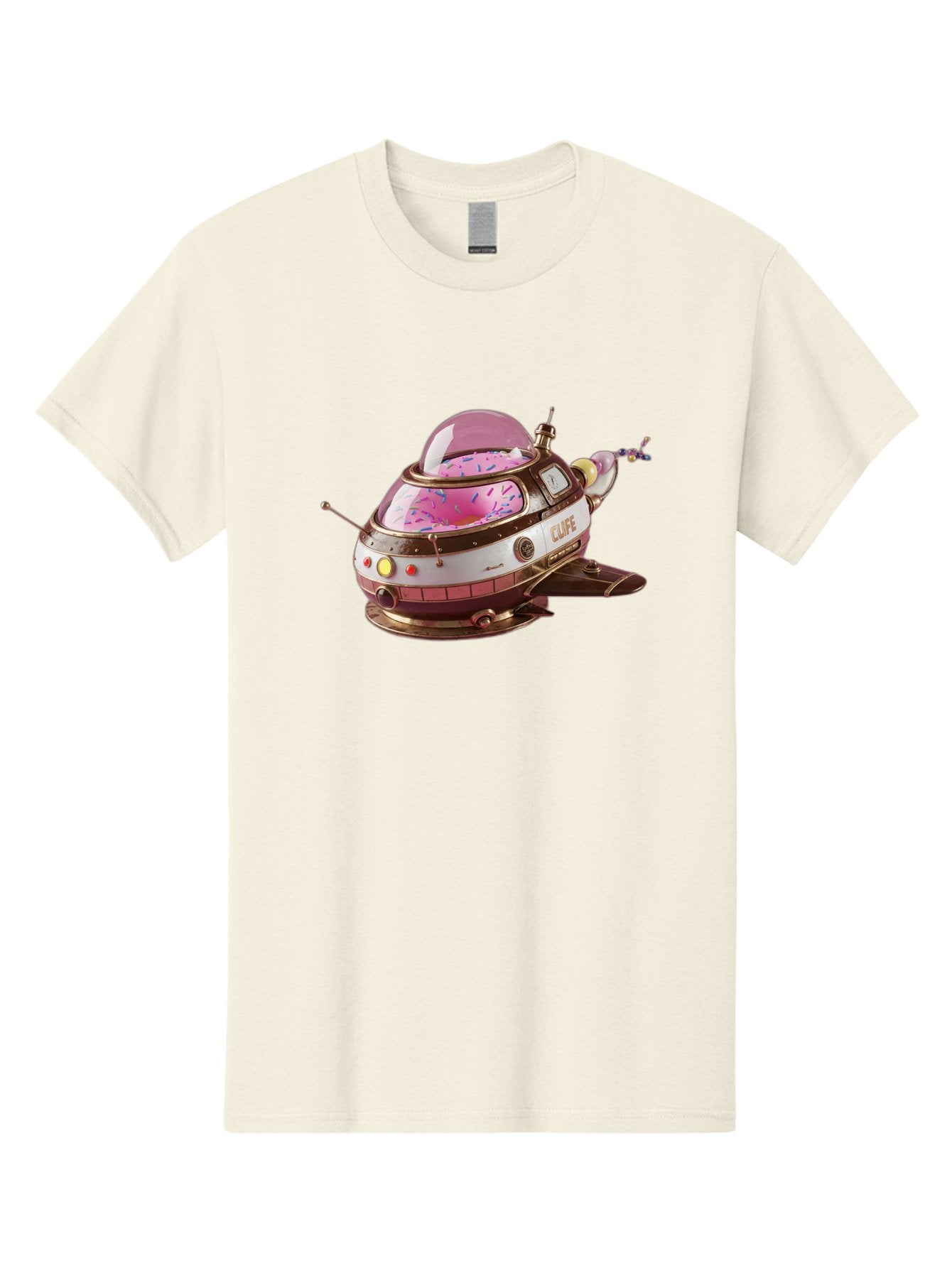 Cufe-Spacecraft Men'S Graphic Tee, 100% Cotton, Comfortable Casual Summer Wear, Machine Washable, Cupcake Spaceship, Futuristic Dessert, Whimsical Design, Sprinkles, Pink Frosting, Retro-Futuristic Style, Cartoonish Charm, Sci-Fi Treat Bab832