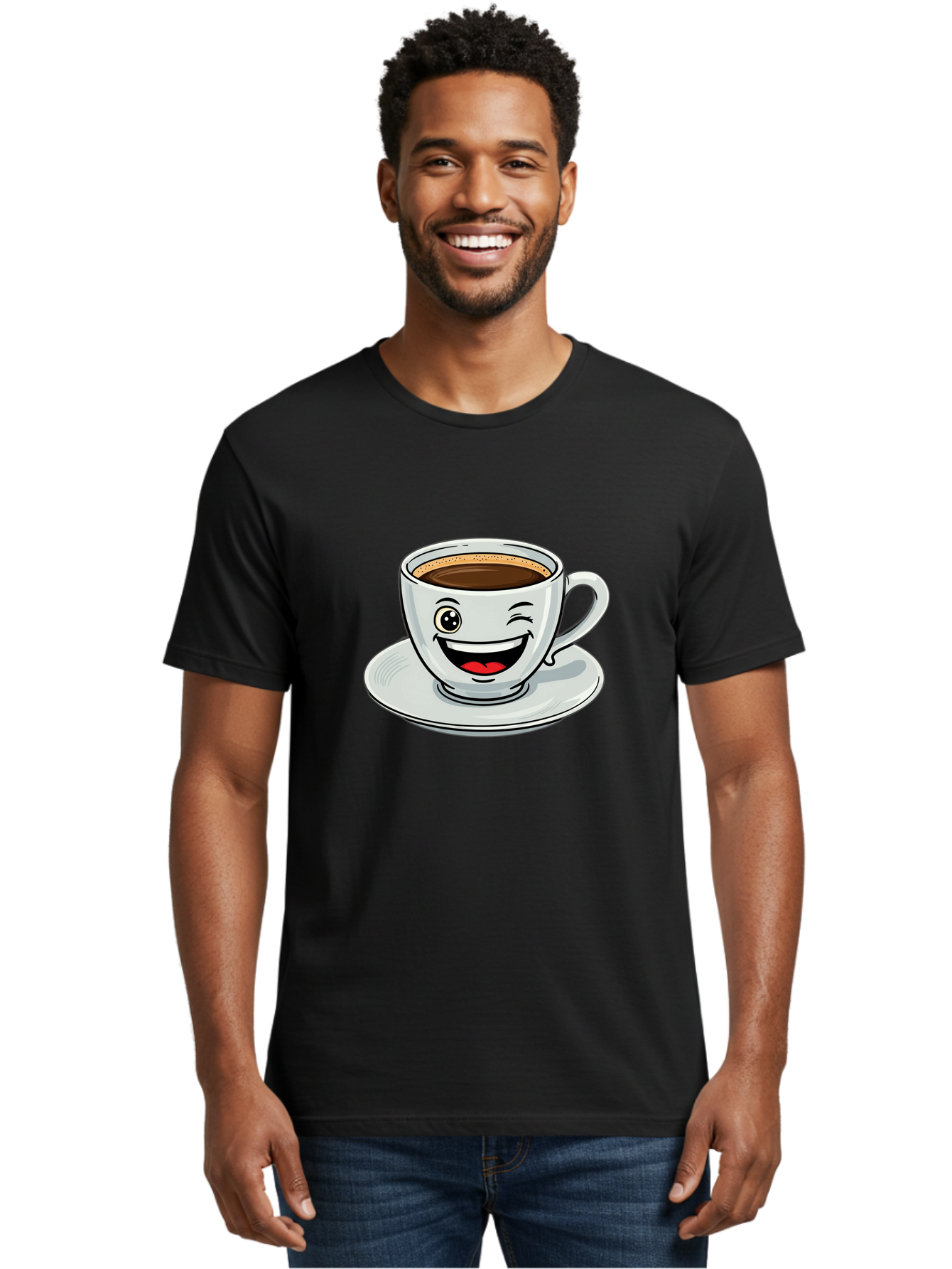 Cup-Of-Coffee Men'S Graphic Tee, 100% Cotton, Comfortable Casual Summer Wear, Machine Washable, Coffee Cup, Cartoon Character, Smiling Face, Happy Expression, Coffee Lover, Morning Pick-Me-Up, Coffee Break, Funny Illustration, Winking Eye Bab840 28