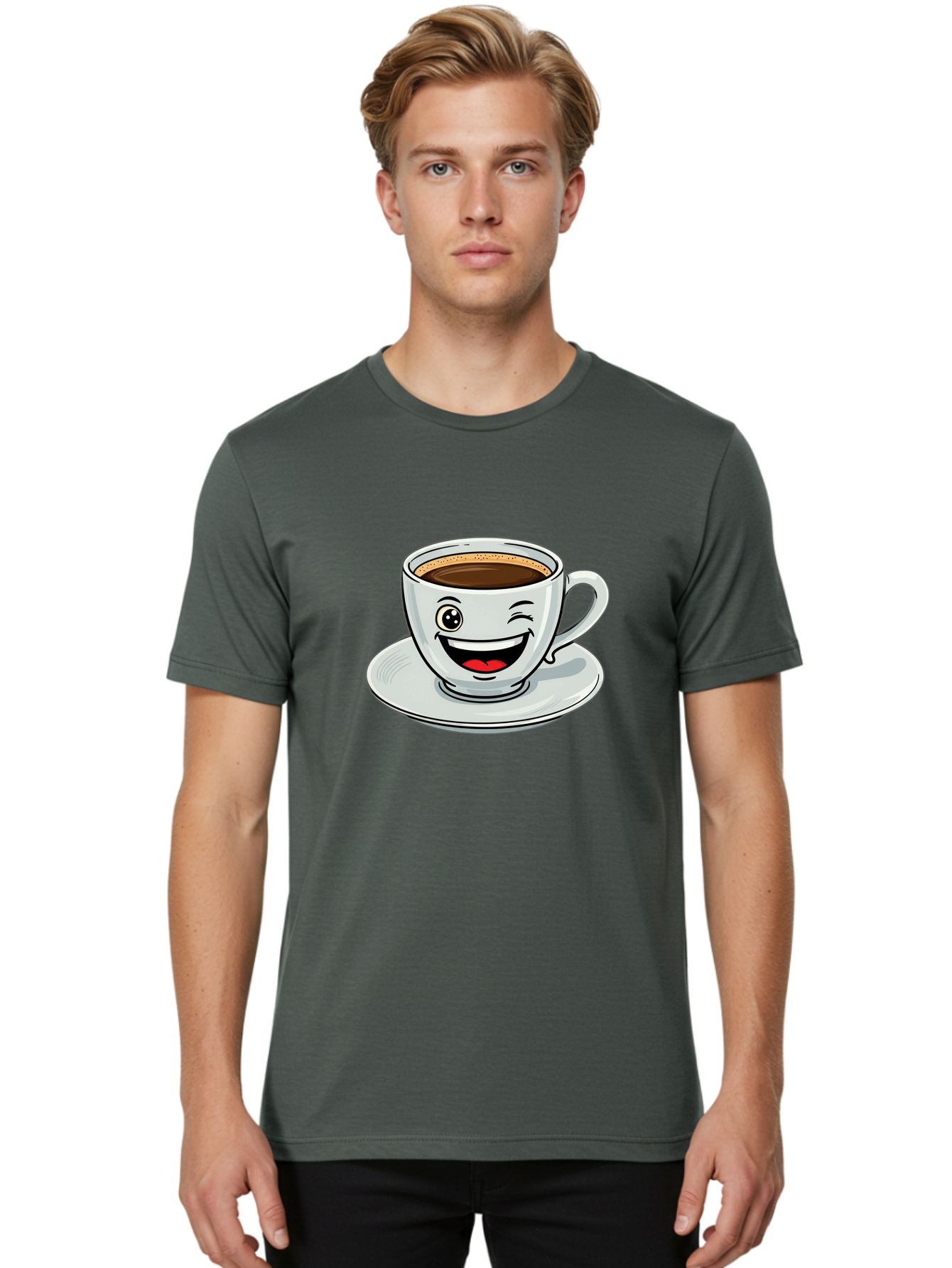Cup-Of-Coffee Men'S Graphic Tee, 100% Cotton, Comfortable Casual Summer Wear, Machine Washable, Coffee Cup, Cartoon Character, Smiling Face, Happy Expression, Coffee Lover, Morning Pick-Me-Up, Coffee Break, Funny Illustration, Winking Eye Bab840 16
